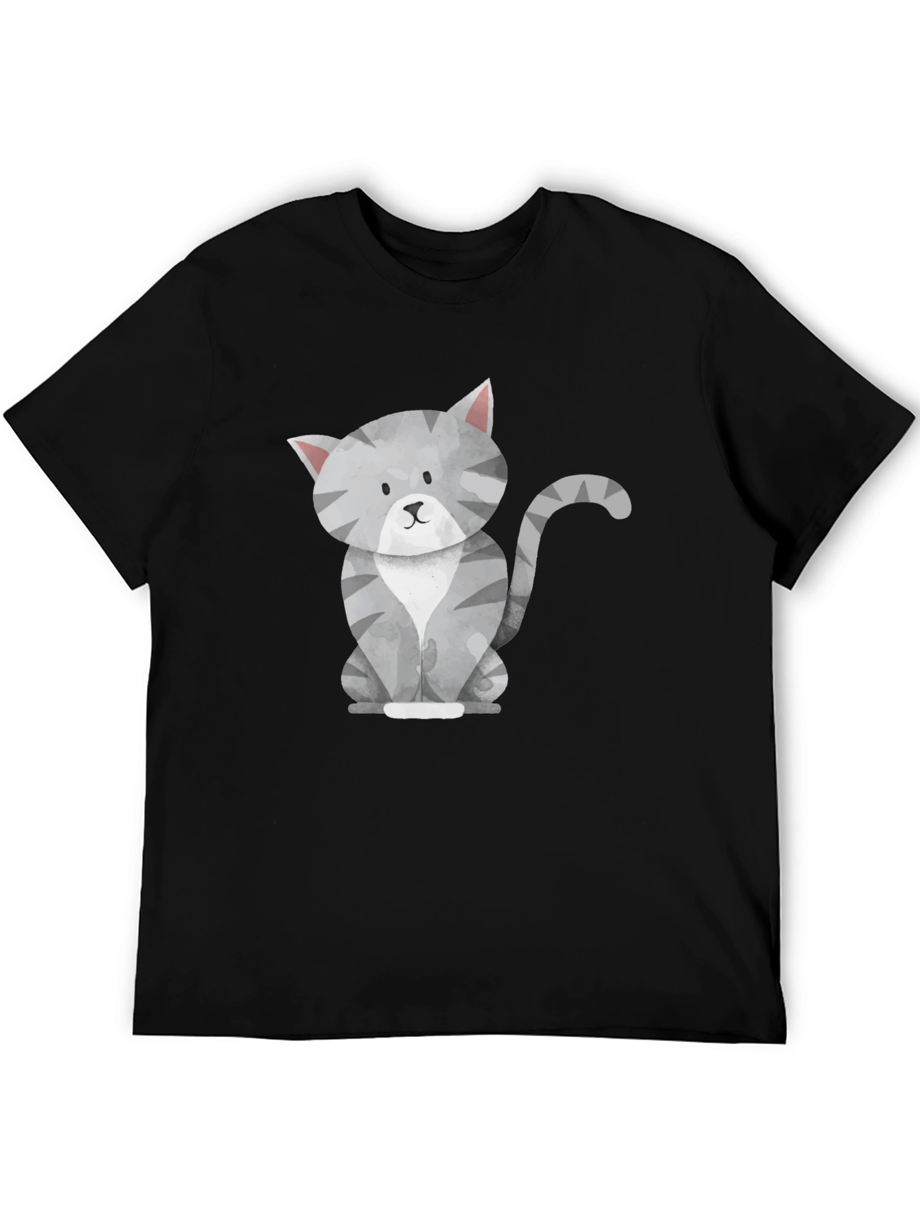 Cute Gray Cat Graphic Tee - Mens Black T-Shirt