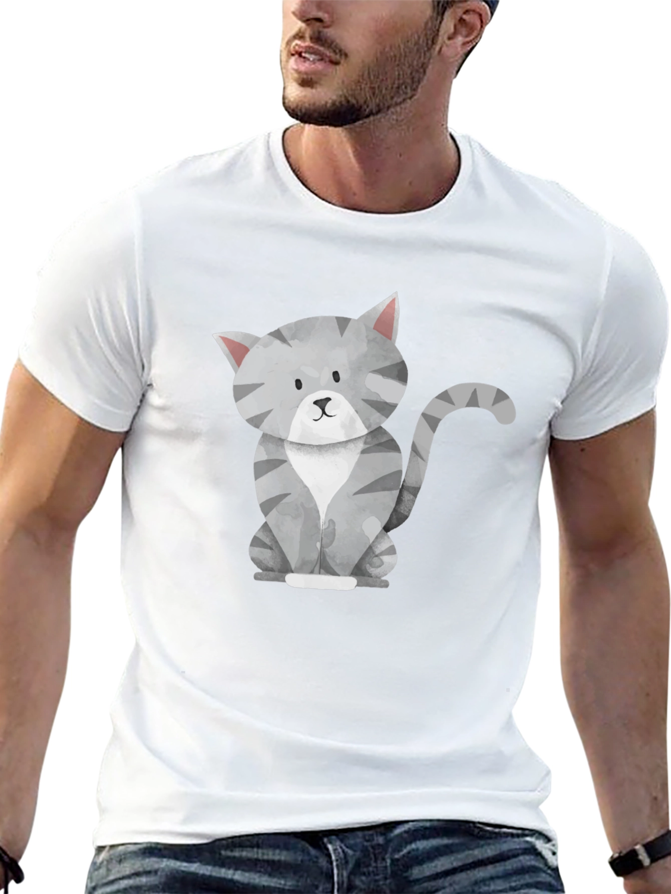 Cute Gray Cat Graphic Tee - Mens Black T-Shirt