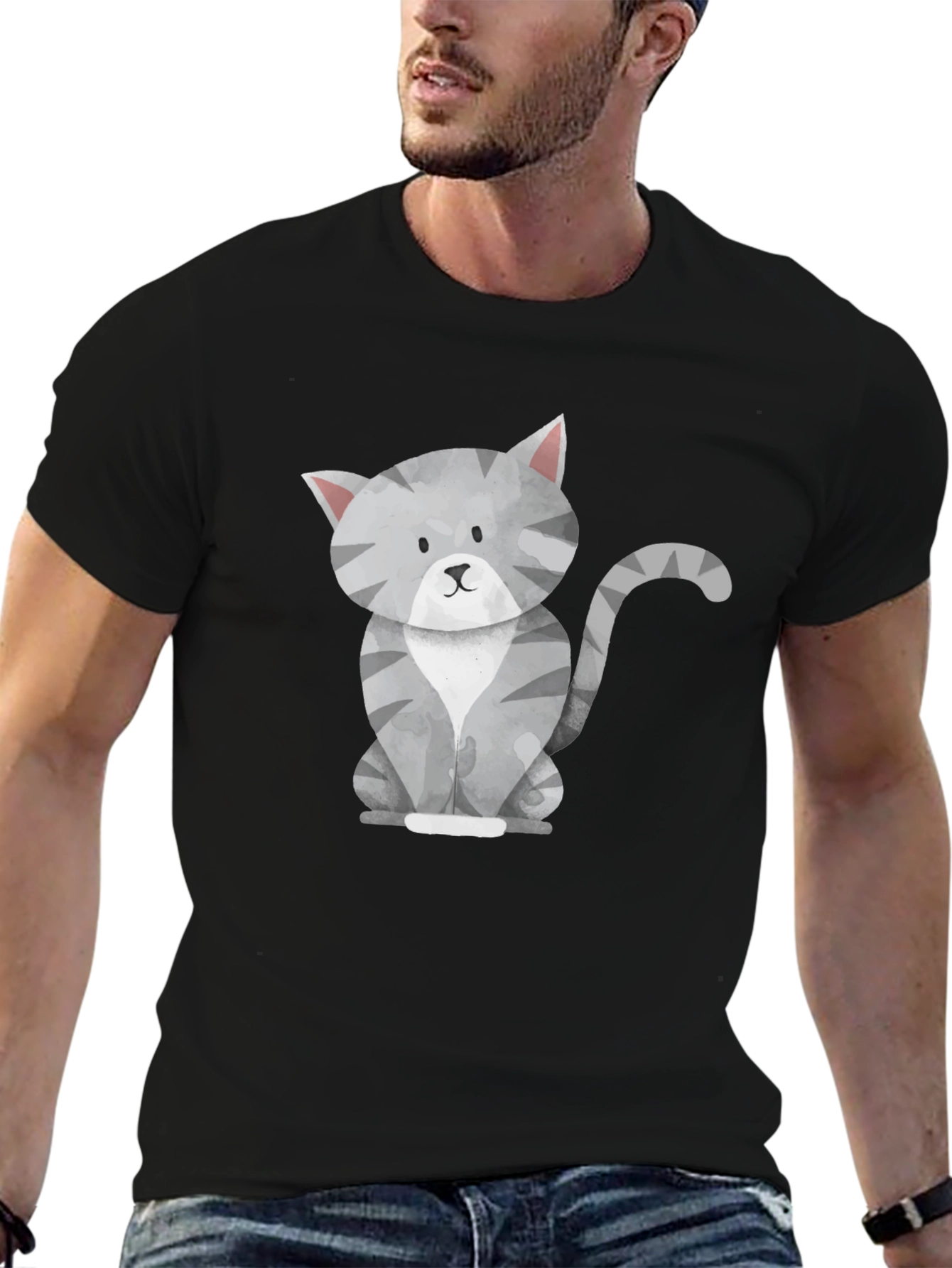 Cute Gray Cat Graphic Tee - Mens Black T-Shirt