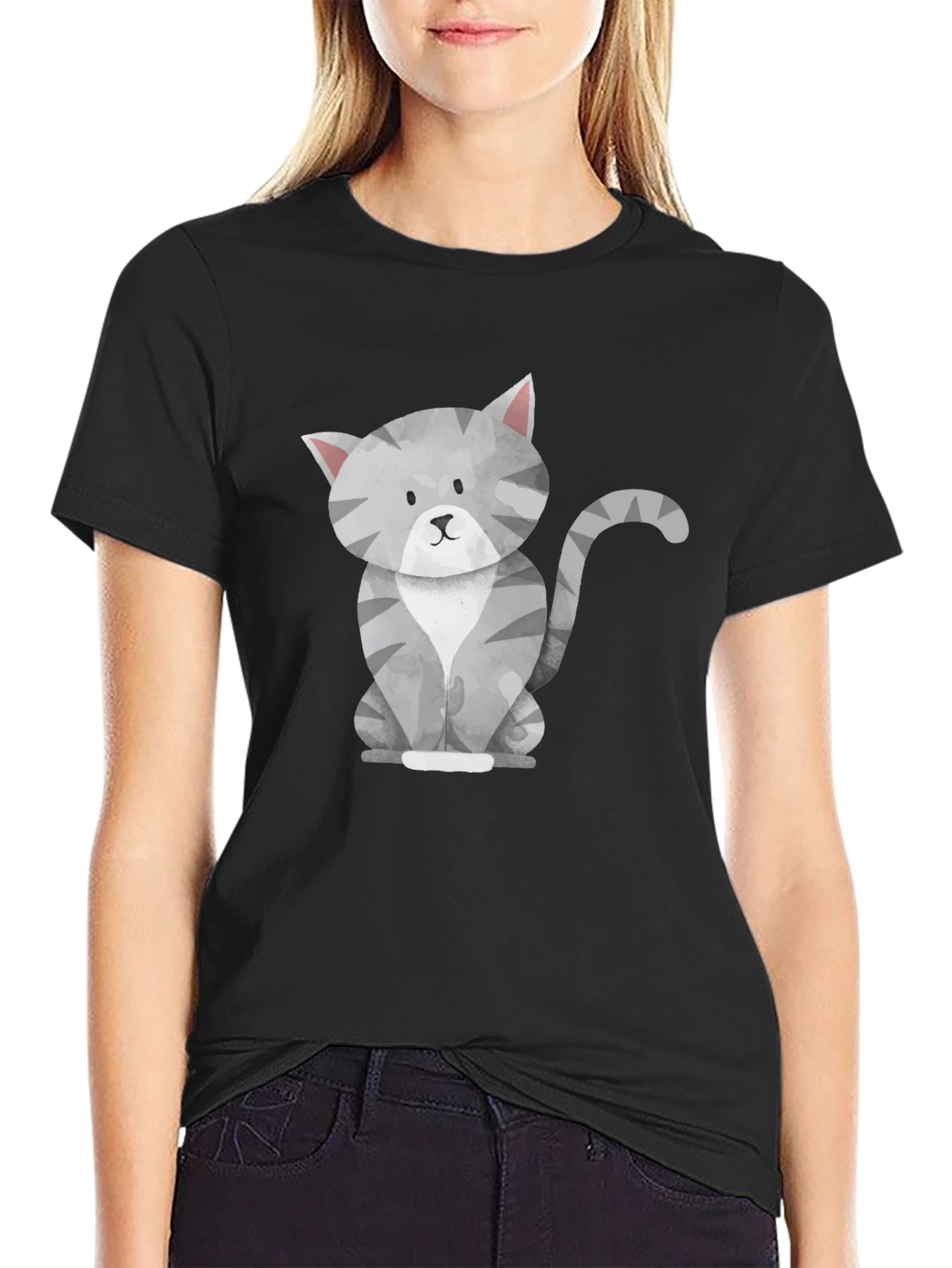 Cute Gray Cat Graphic Tee - Mens Black T-Shirt