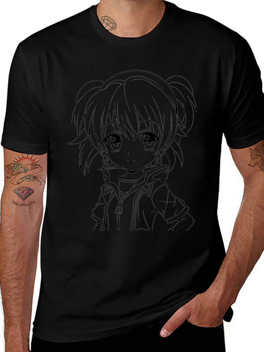 Anime Girl Outline Black T-Shirt