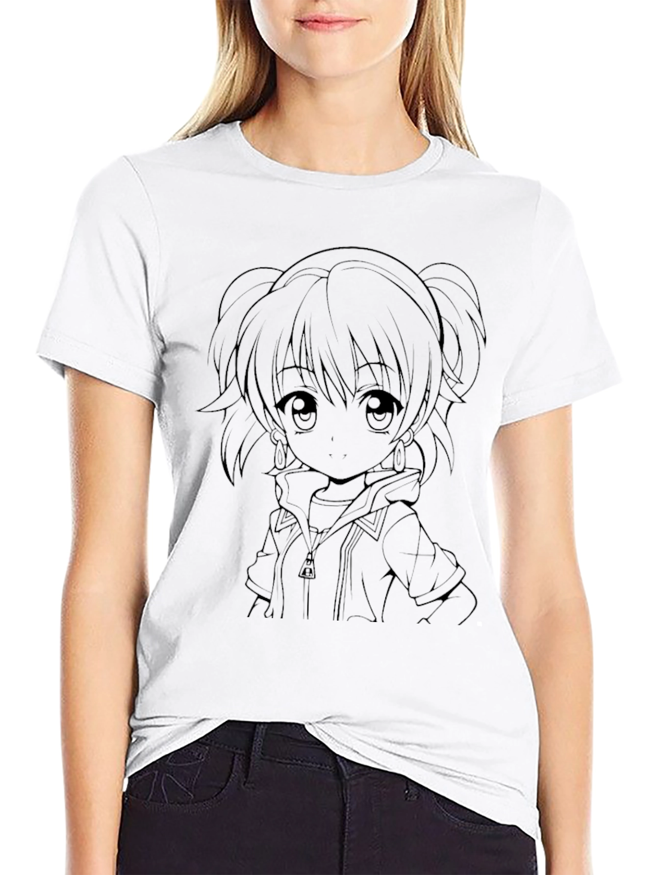 Anime Girl Outline Black T-Shirt