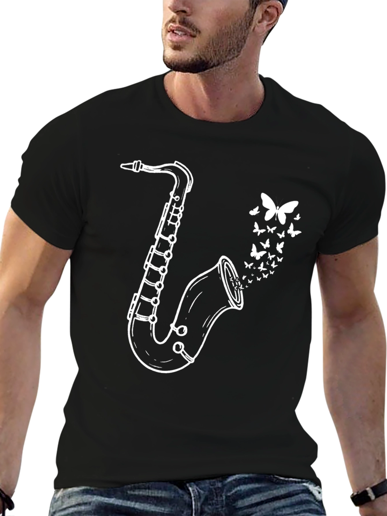Saxophone Butterfly Graphic Tee - Black Casual T-Shirt