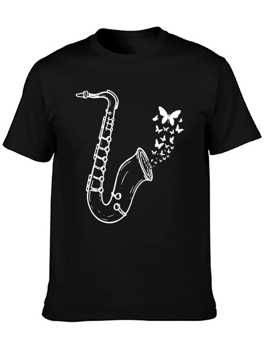 Saxophone Butterfly Graphic Tee - Black Casual T-Shirt