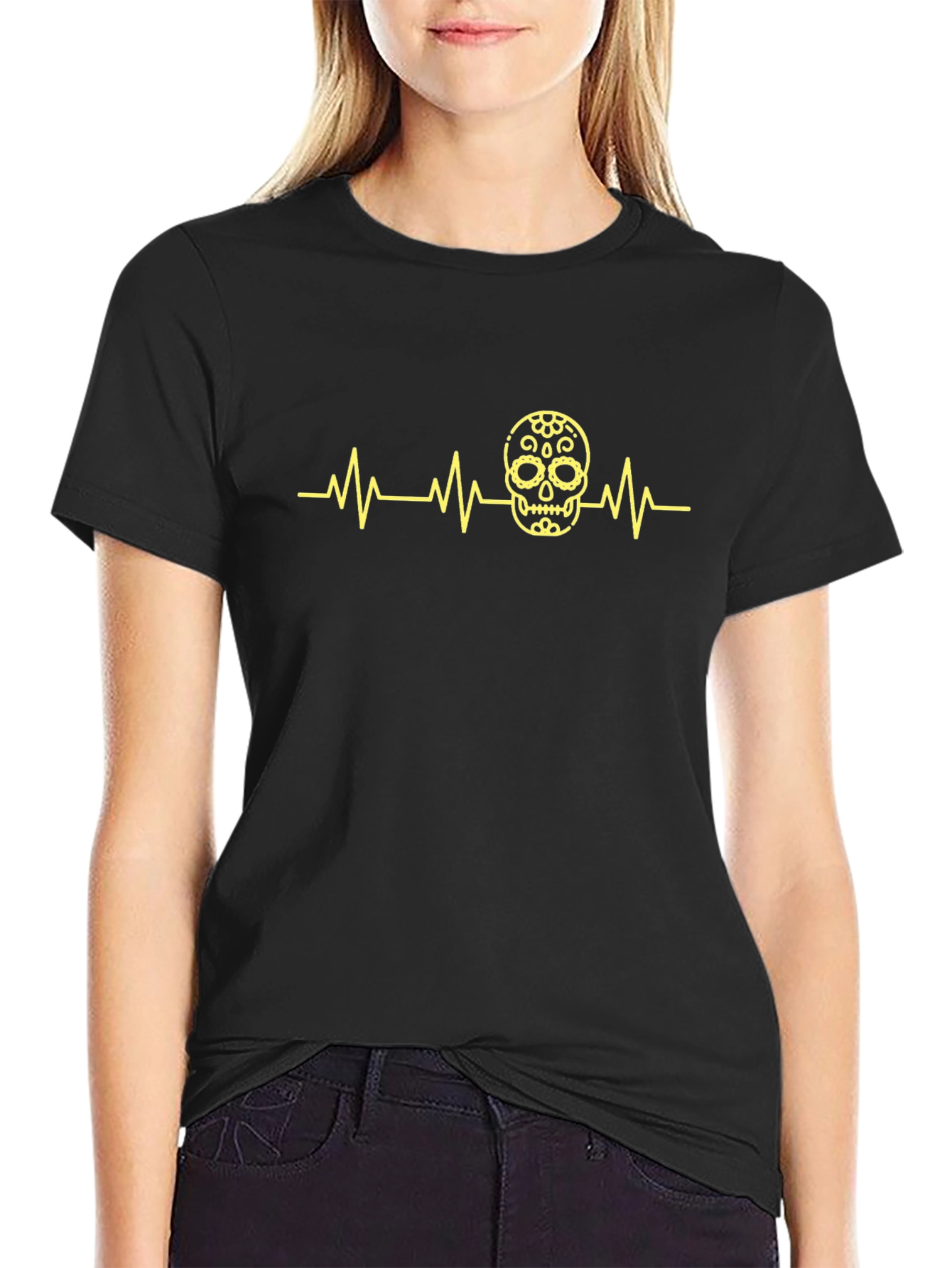Skull Heartbeat Graphic Tee - Stylish Crew Neck T-Shirt