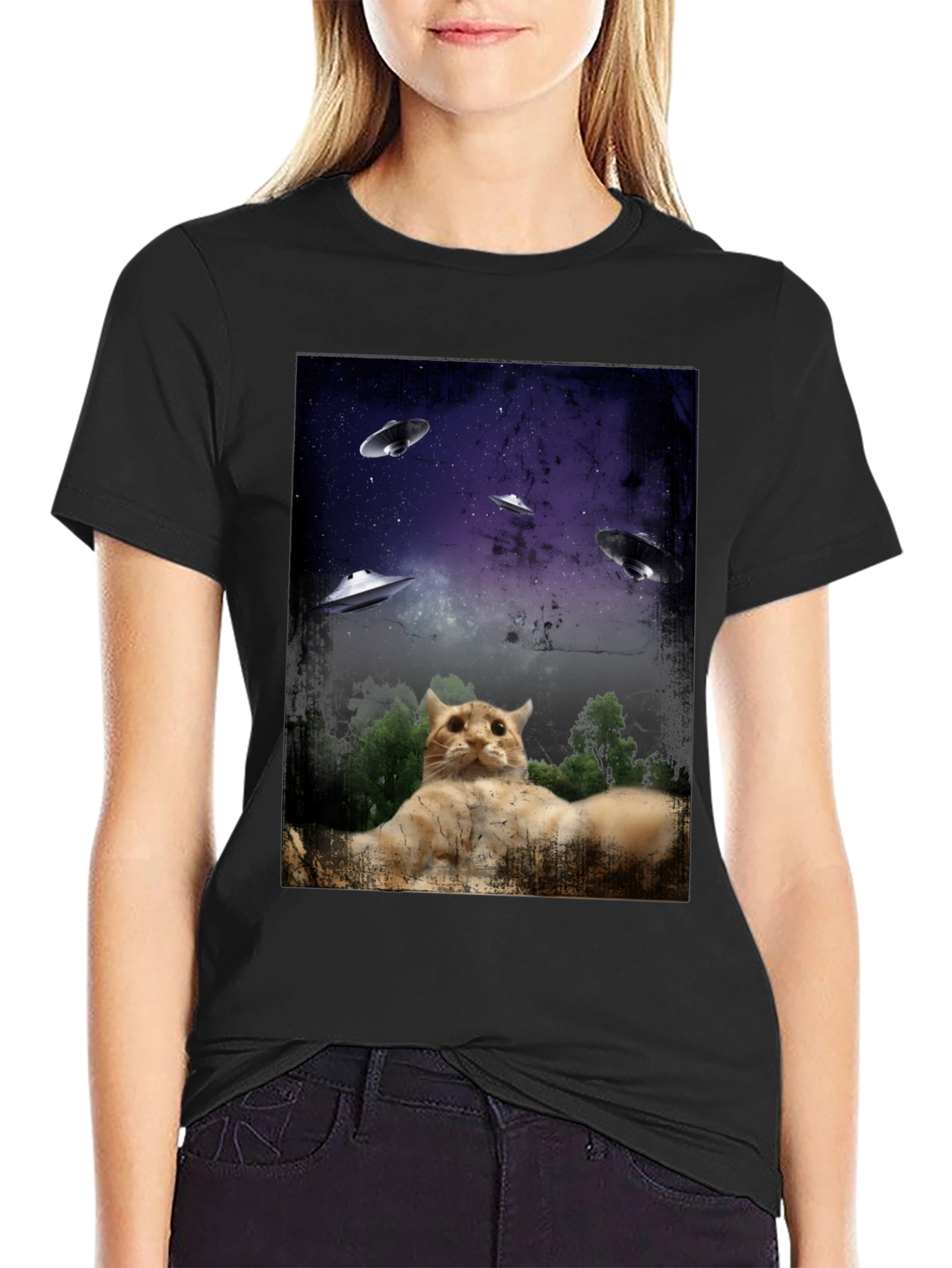 Cosmic Cat UFO Abduction T-Shirt