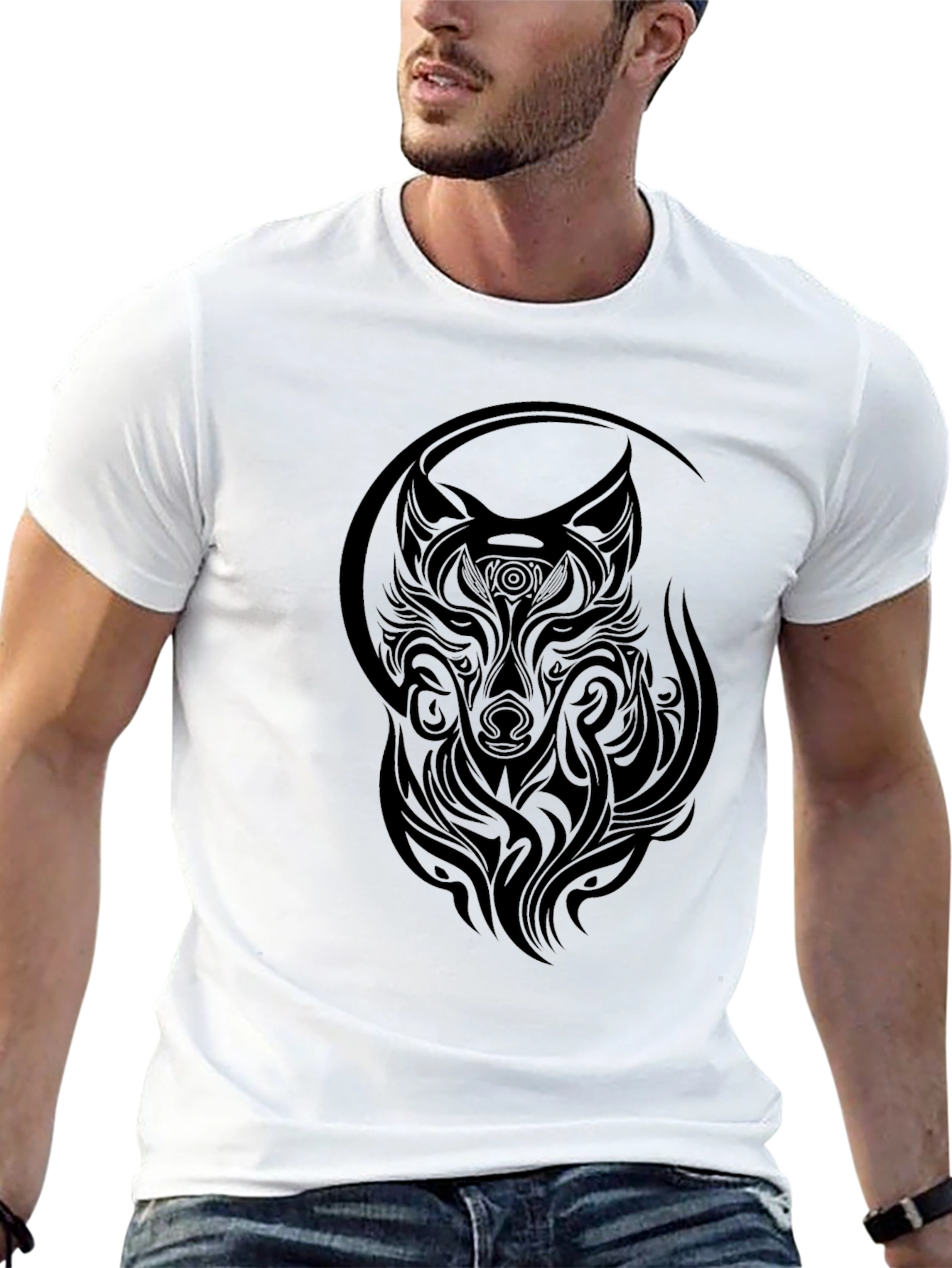 Tribal Wolf Graphic T-Shirt - Stylish Black Tee