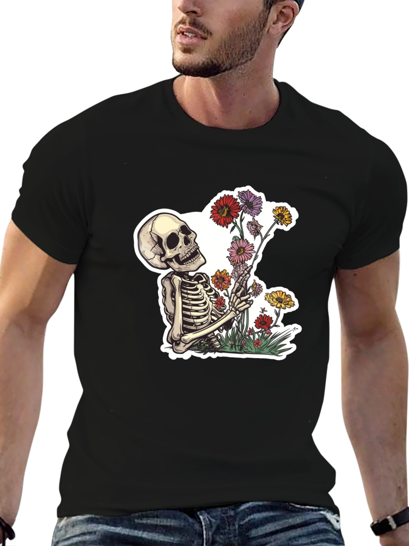 Skeleton with Flowers Graphic T-Shirt