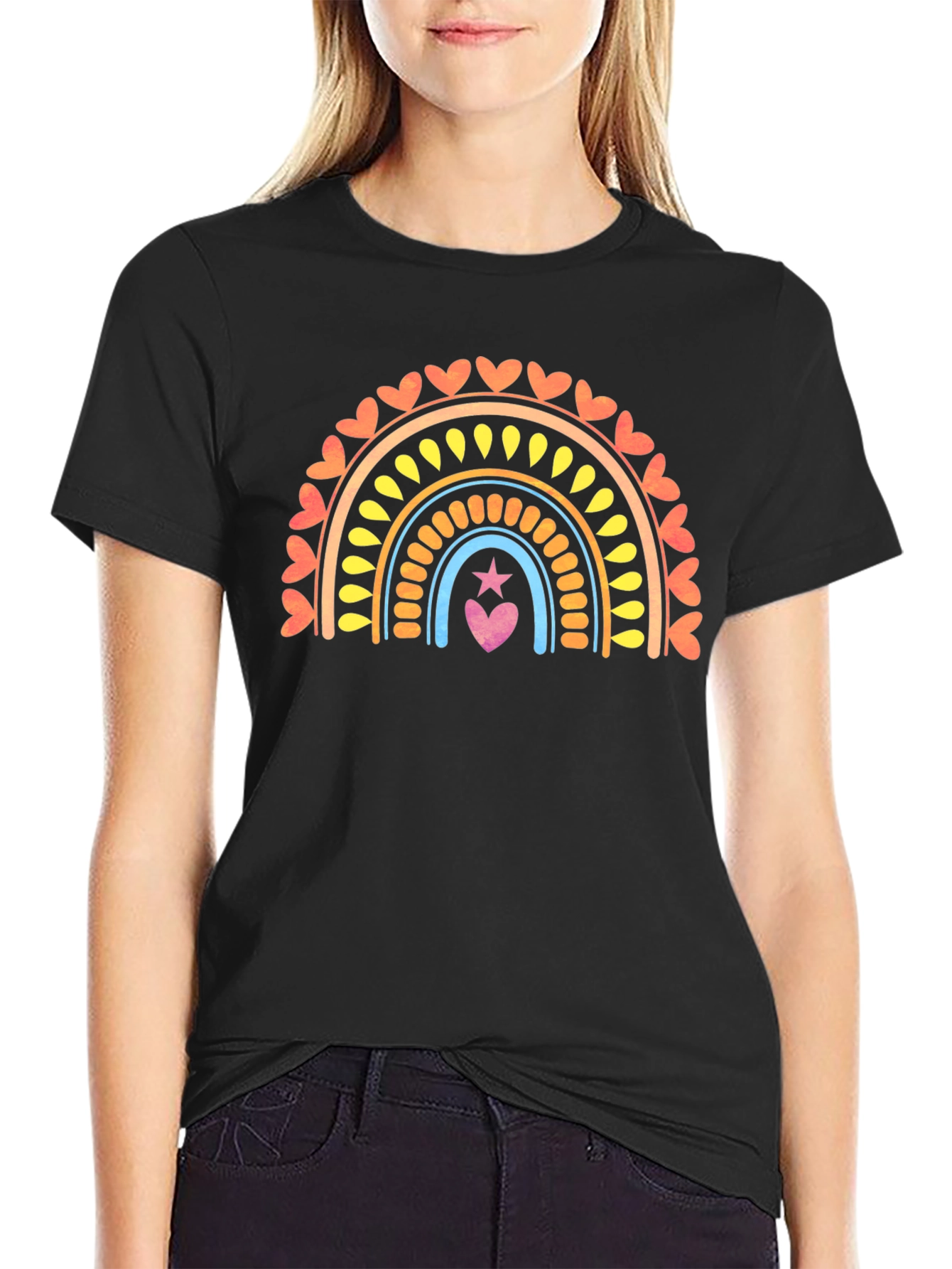 Rainbow Heart Star Graphic Tee - Black