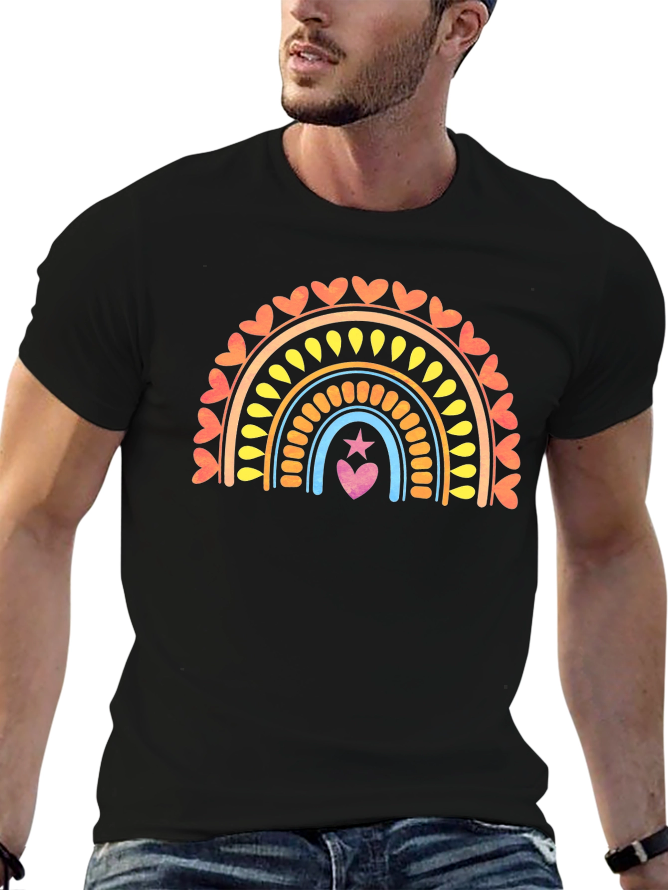 Rainbow Heart Star Graphic Tee - Black