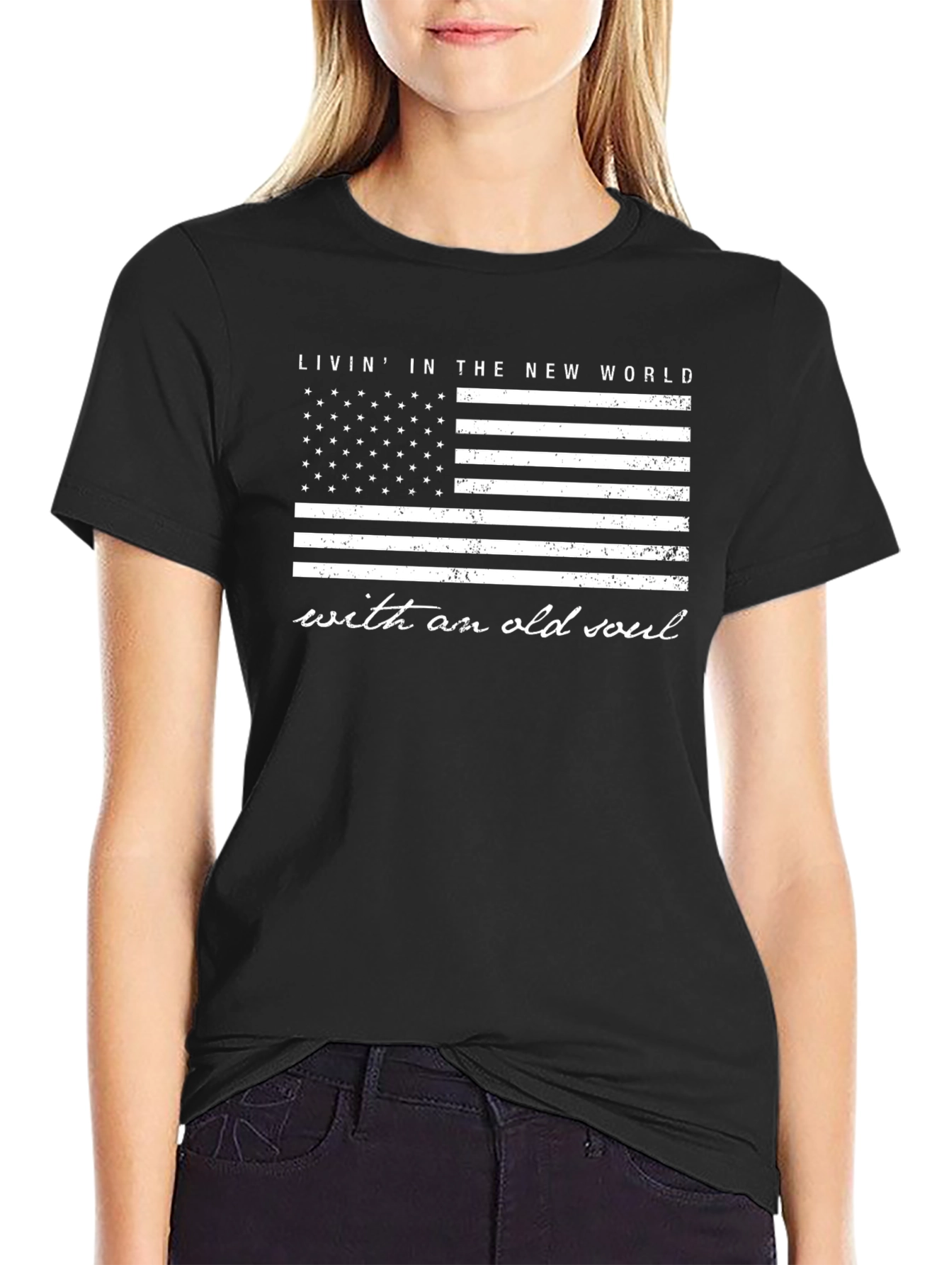 American Flag New World Old Soul Black T-Shirt