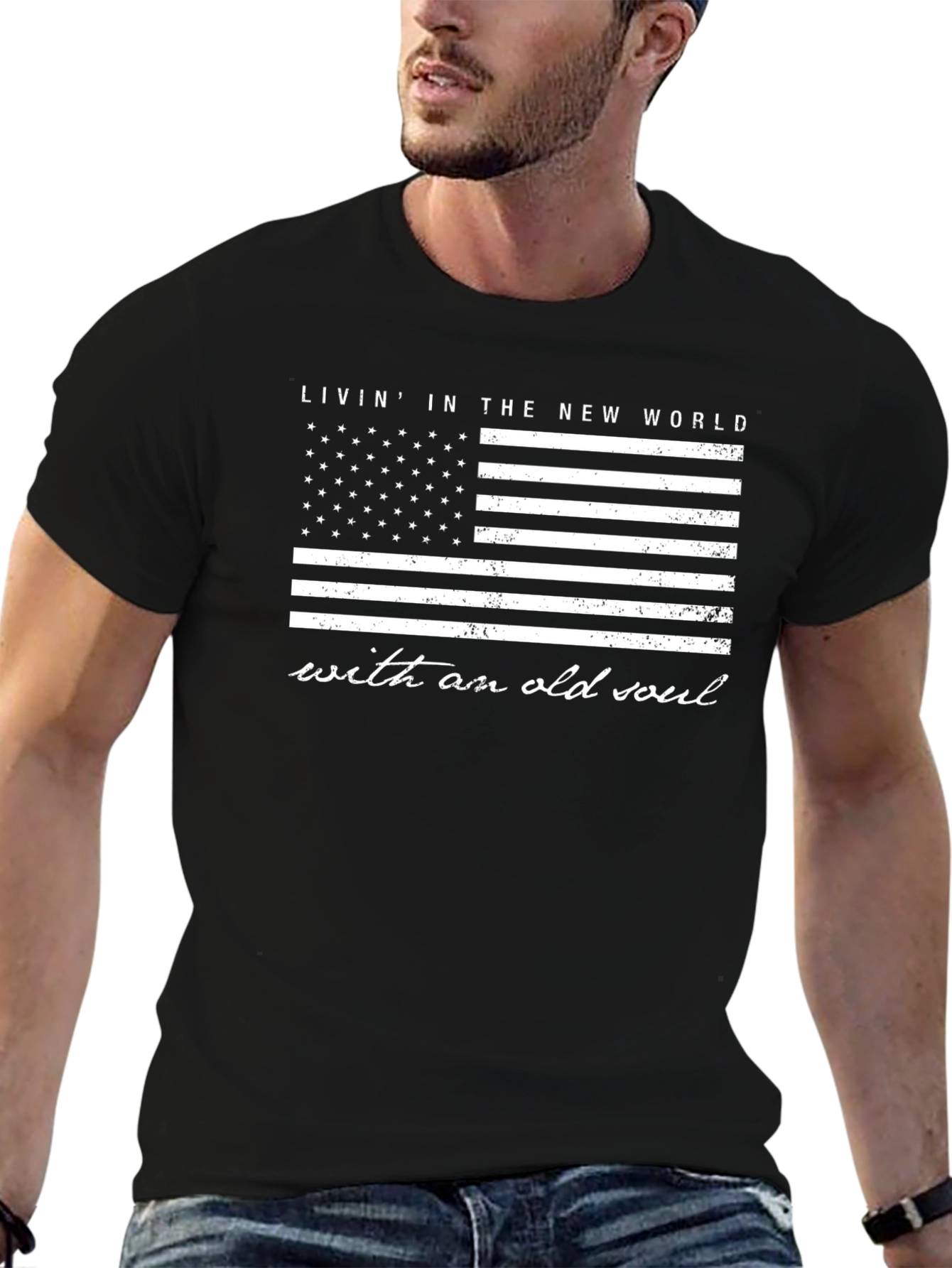American Flag New World Old Soul Black T-Shirt