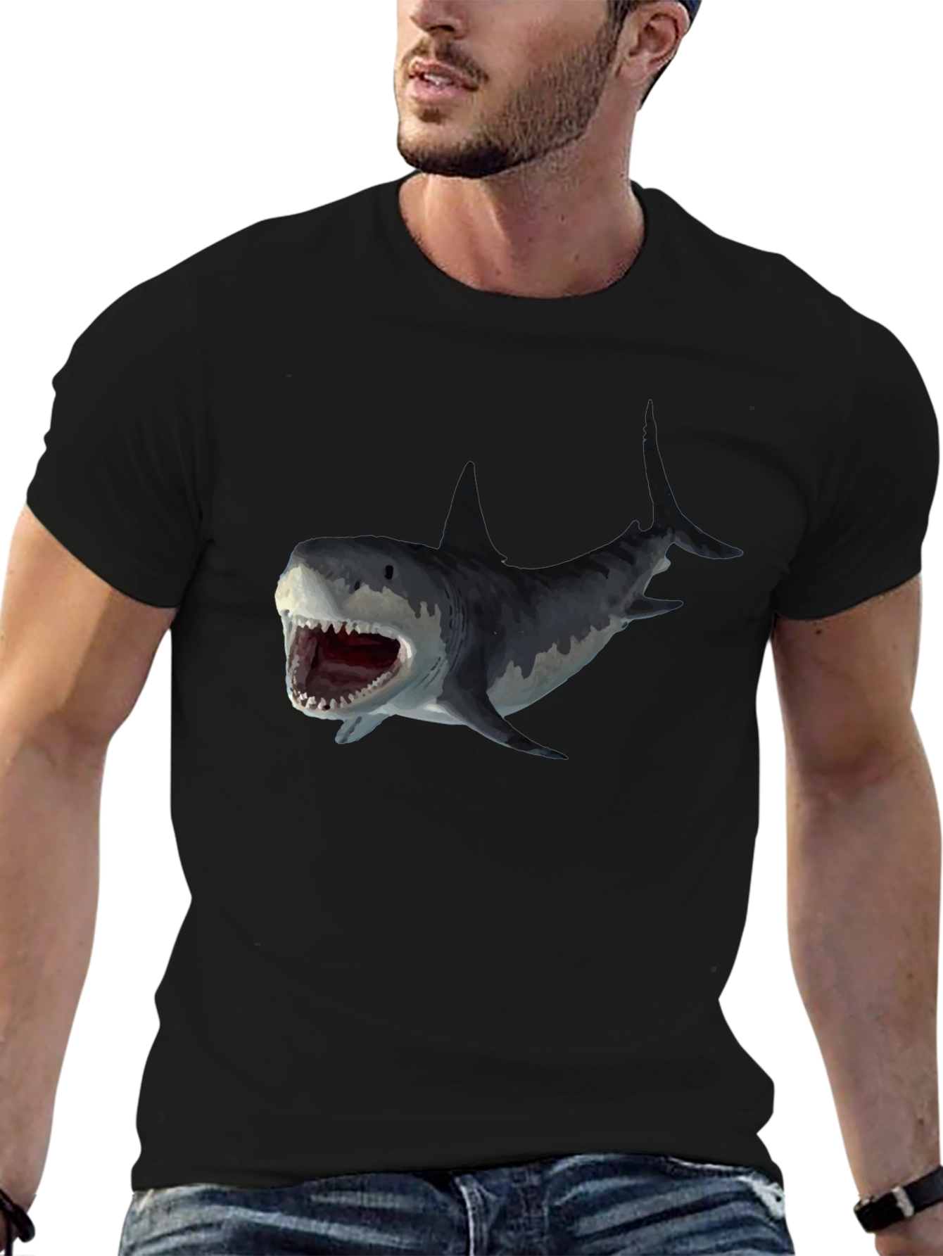 Shark Attack Graphic Tee - Black Cotton T-Shirt