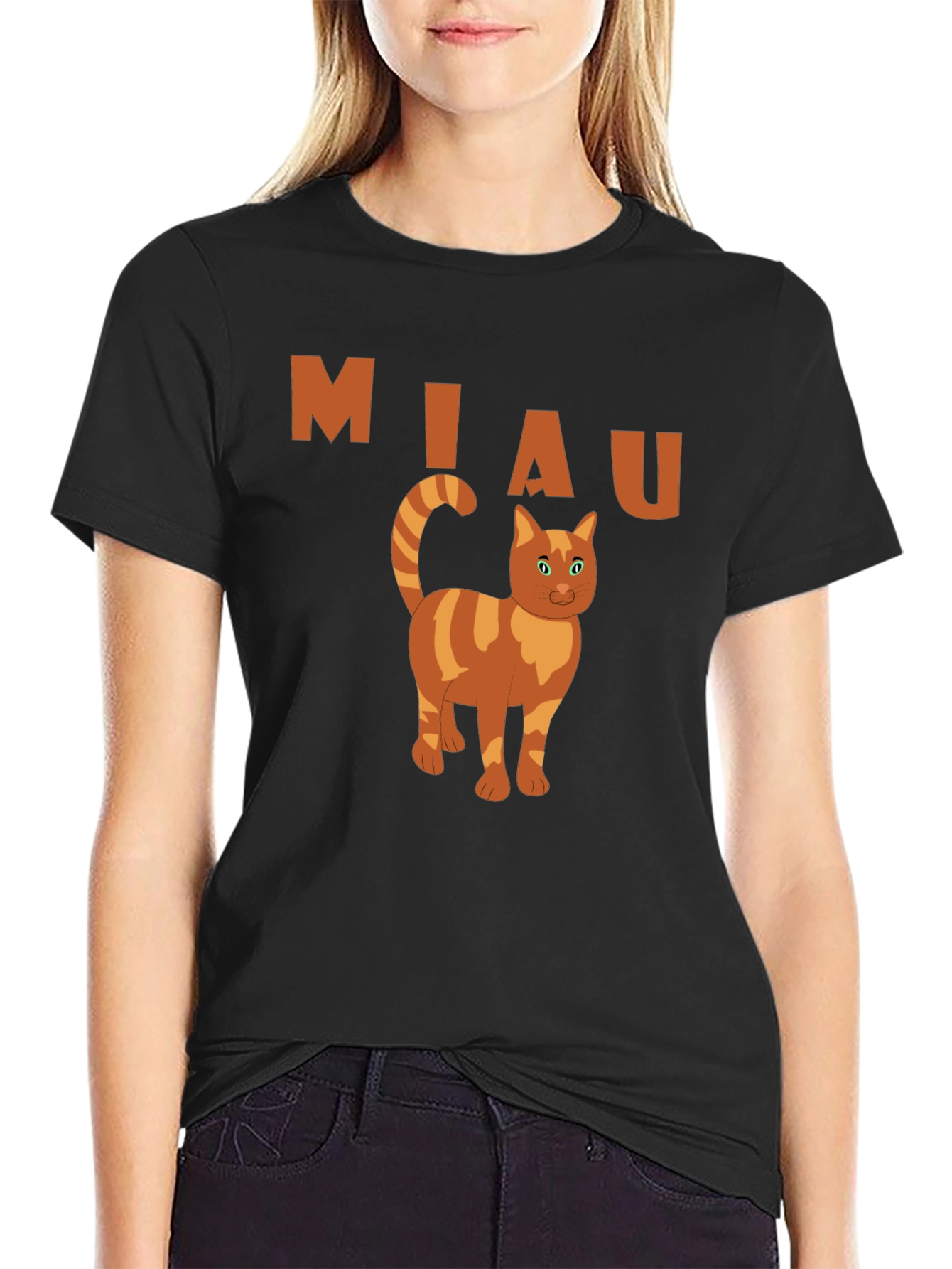 Miaw Cat Graphic Tee - Black Cotton Casual Shirt
