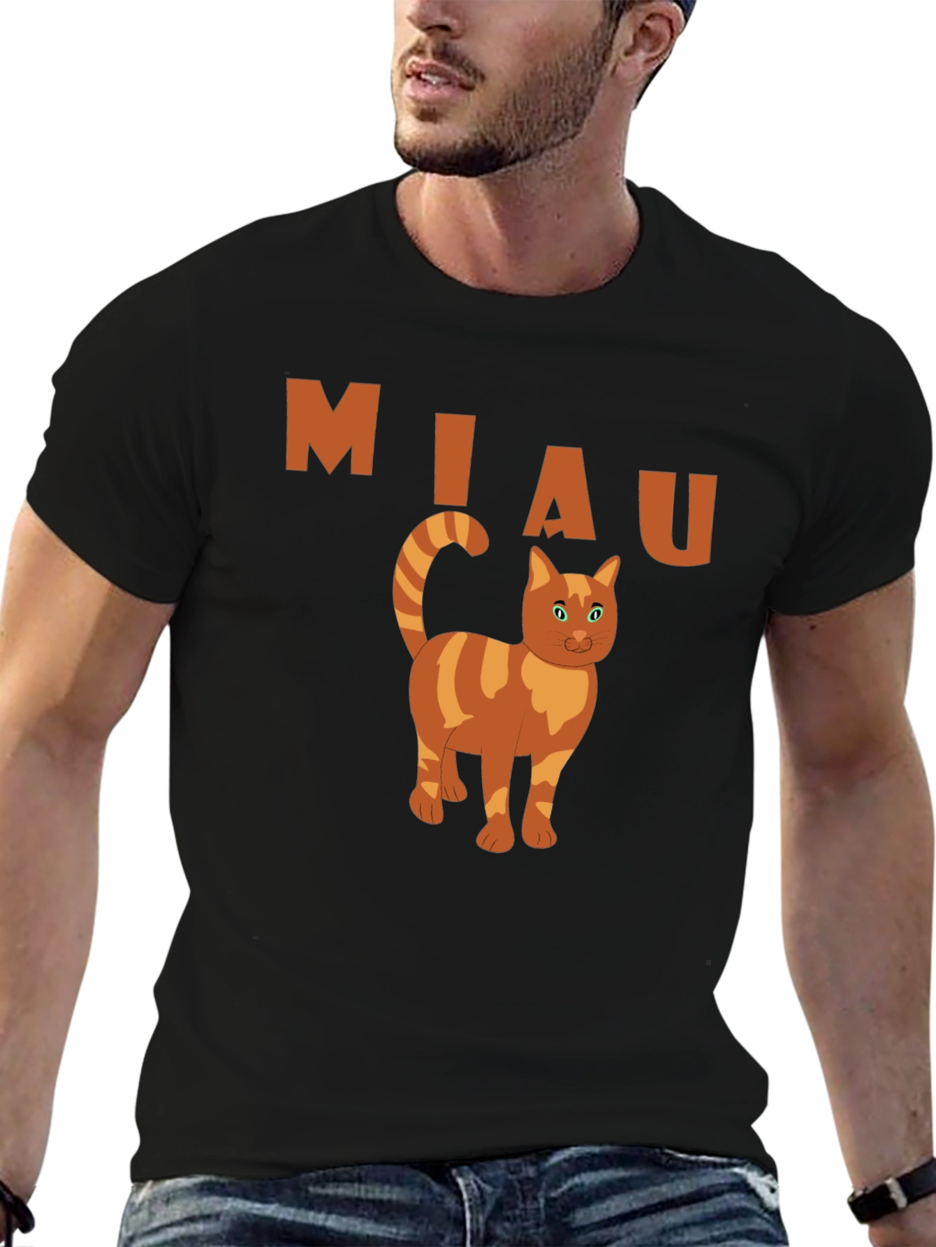 Miaw Cat Graphic Tee - Black Cotton Casual Shirt