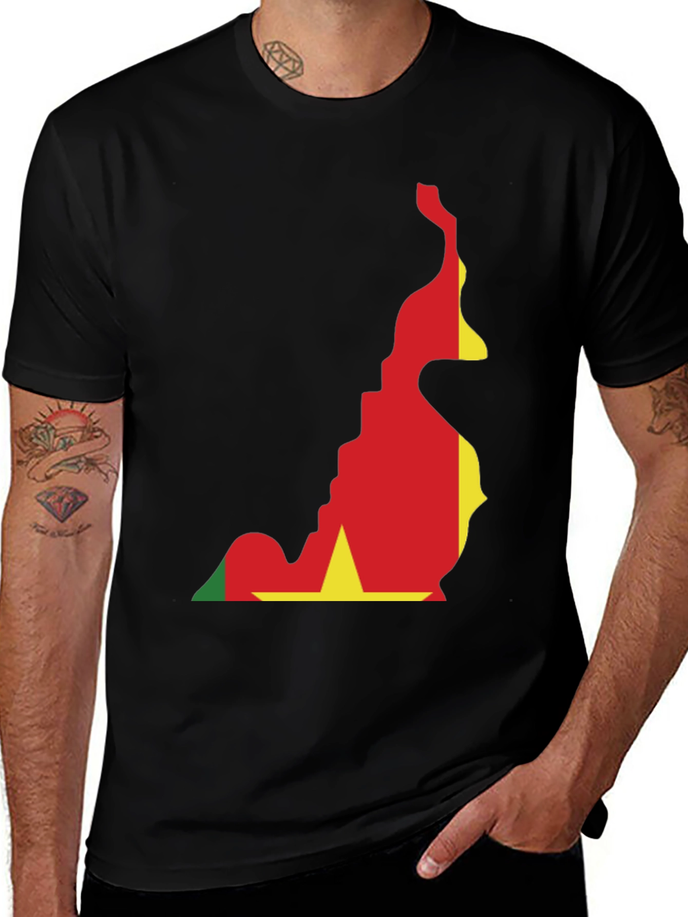Cameroon Flag Map T-Shirt - Black Crew Neck Tee