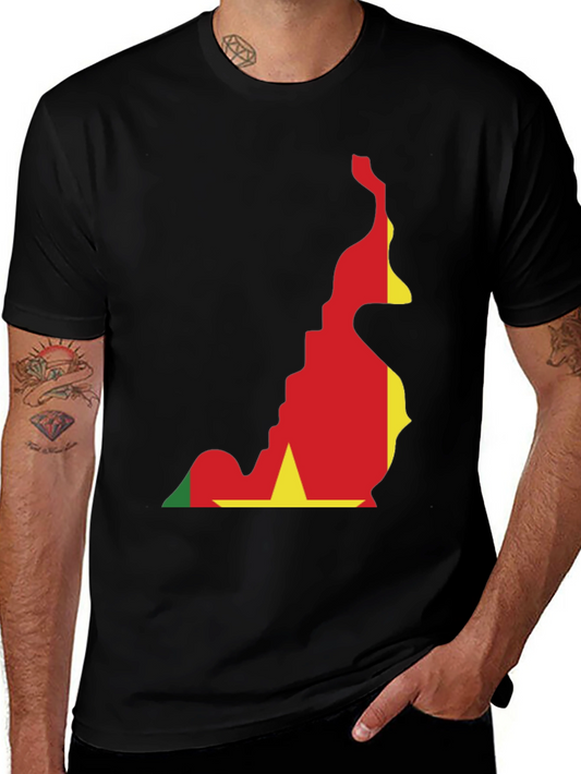 Cameroon Flag Map T-Shirt - Black Crew Neck Tee