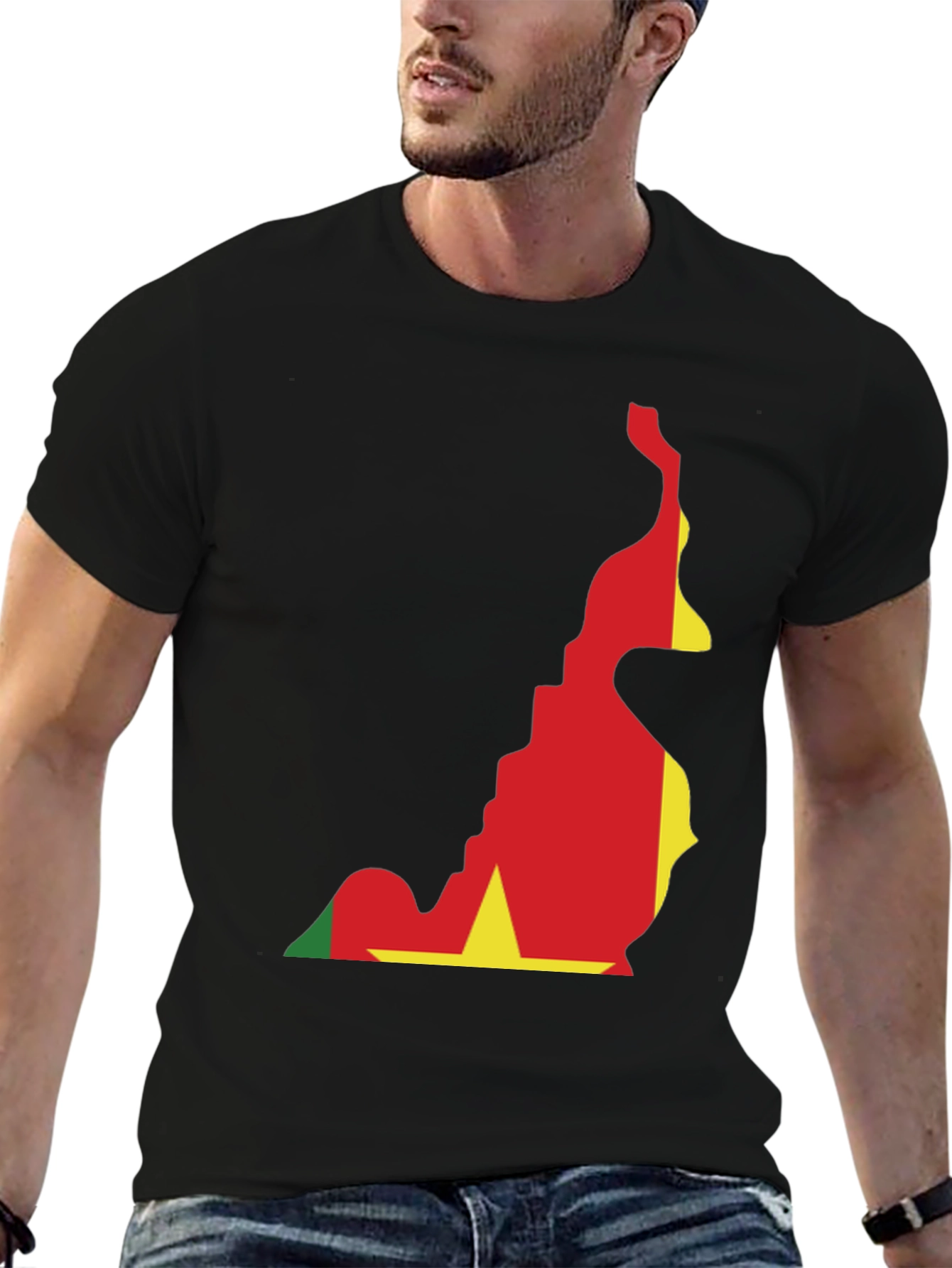 Cameroon Flag Map T-Shirt - Black Crew Neck Tee