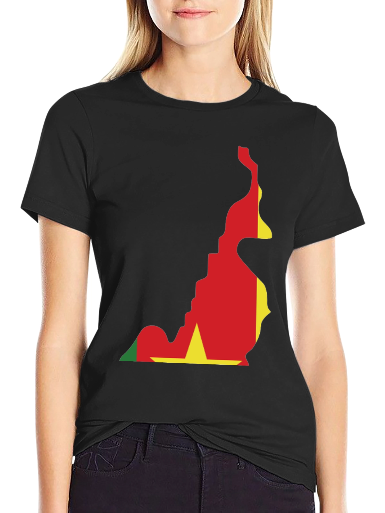 Cameroon Flag Map T-Shirt - Black Crew Neck Tee