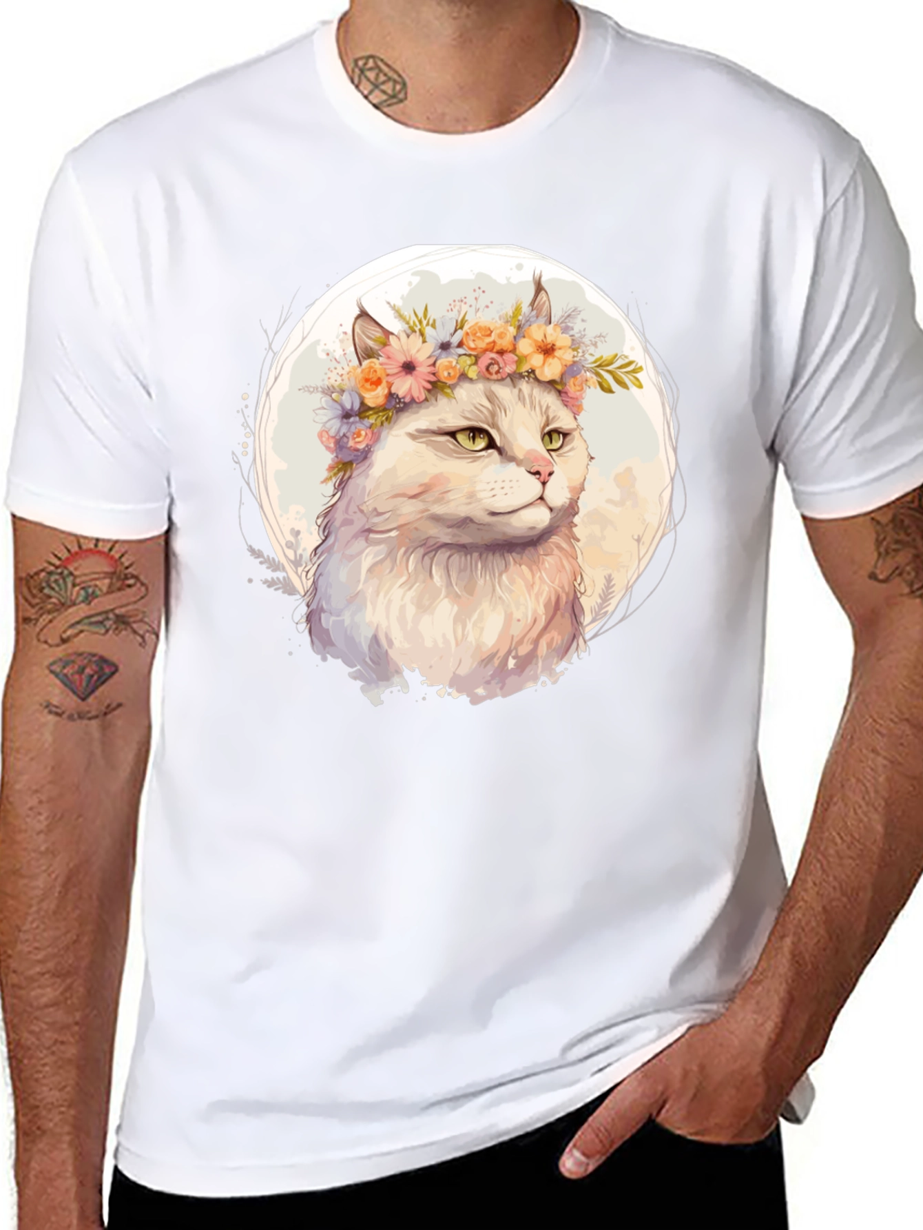 Cat with Flowers Graphic Tee - Black