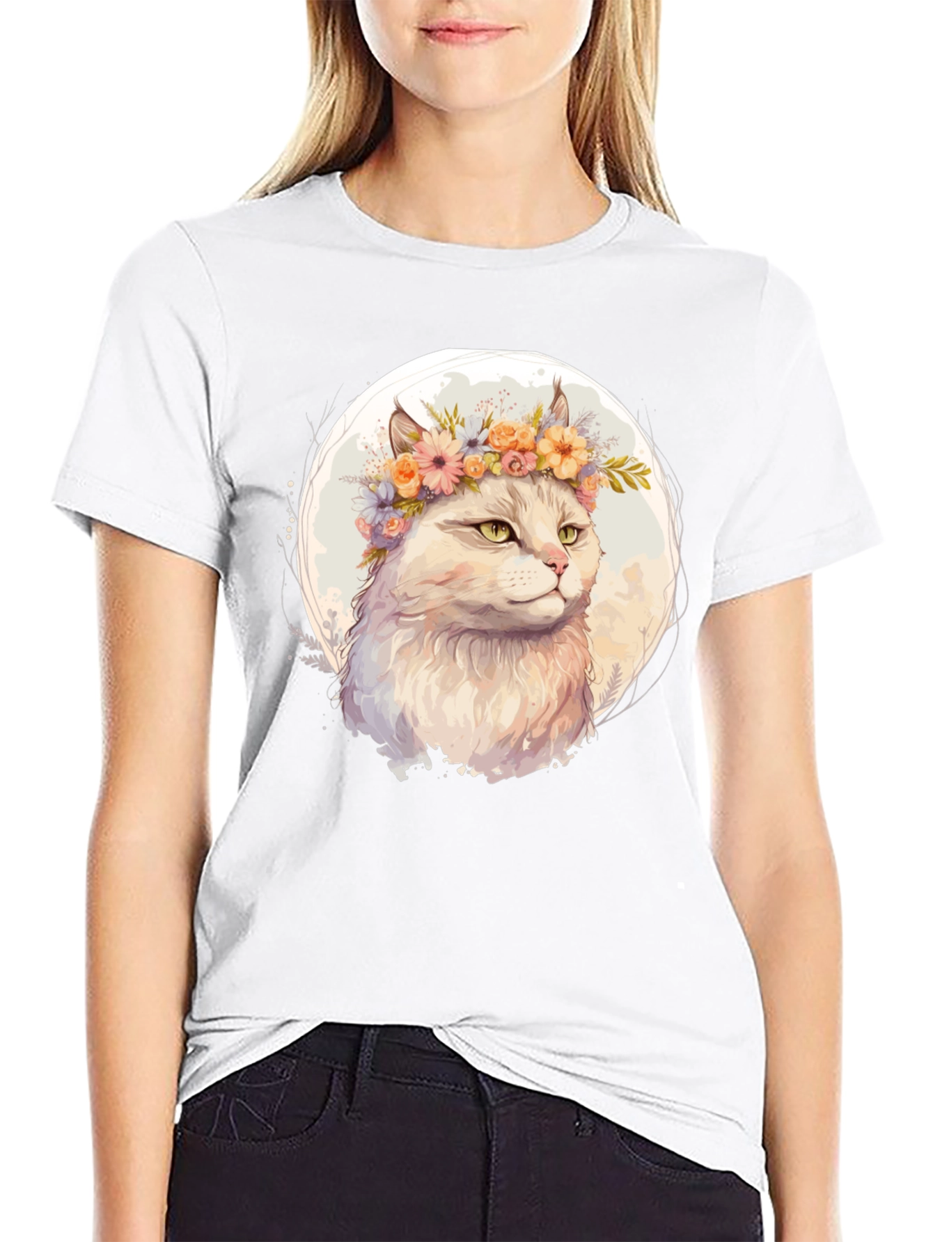 Cat with Flowers Graphic Tee - Black