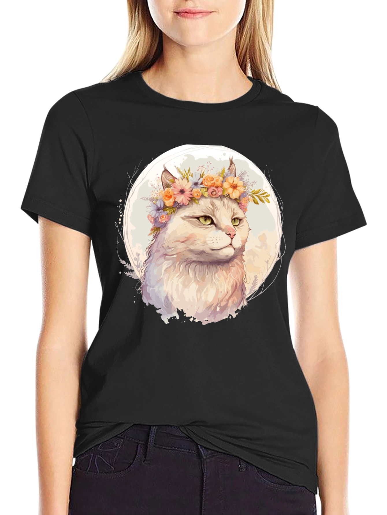 Cat with Flowers Graphic Tee - Black