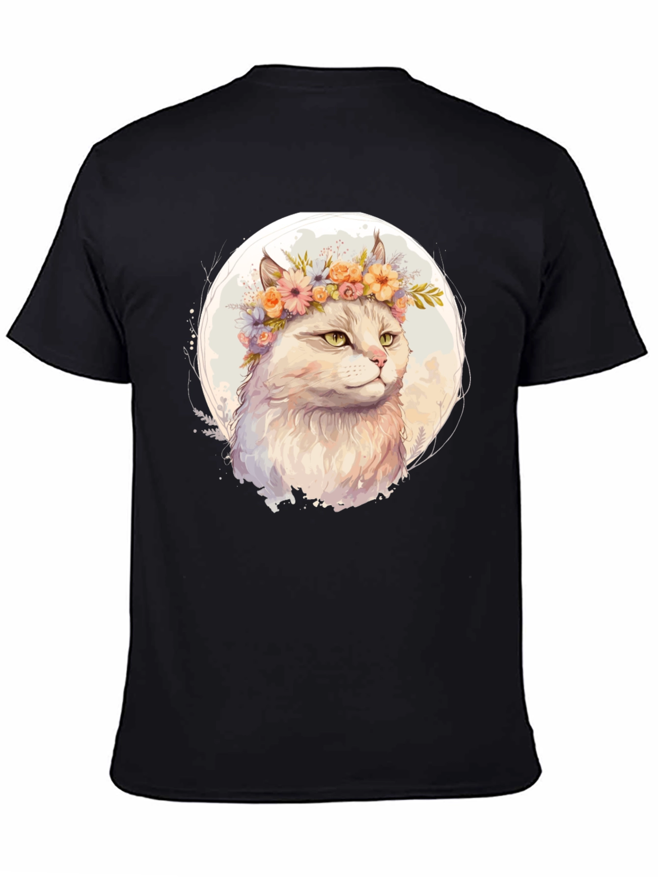 Cat with Flowers Graphic Tee - Black