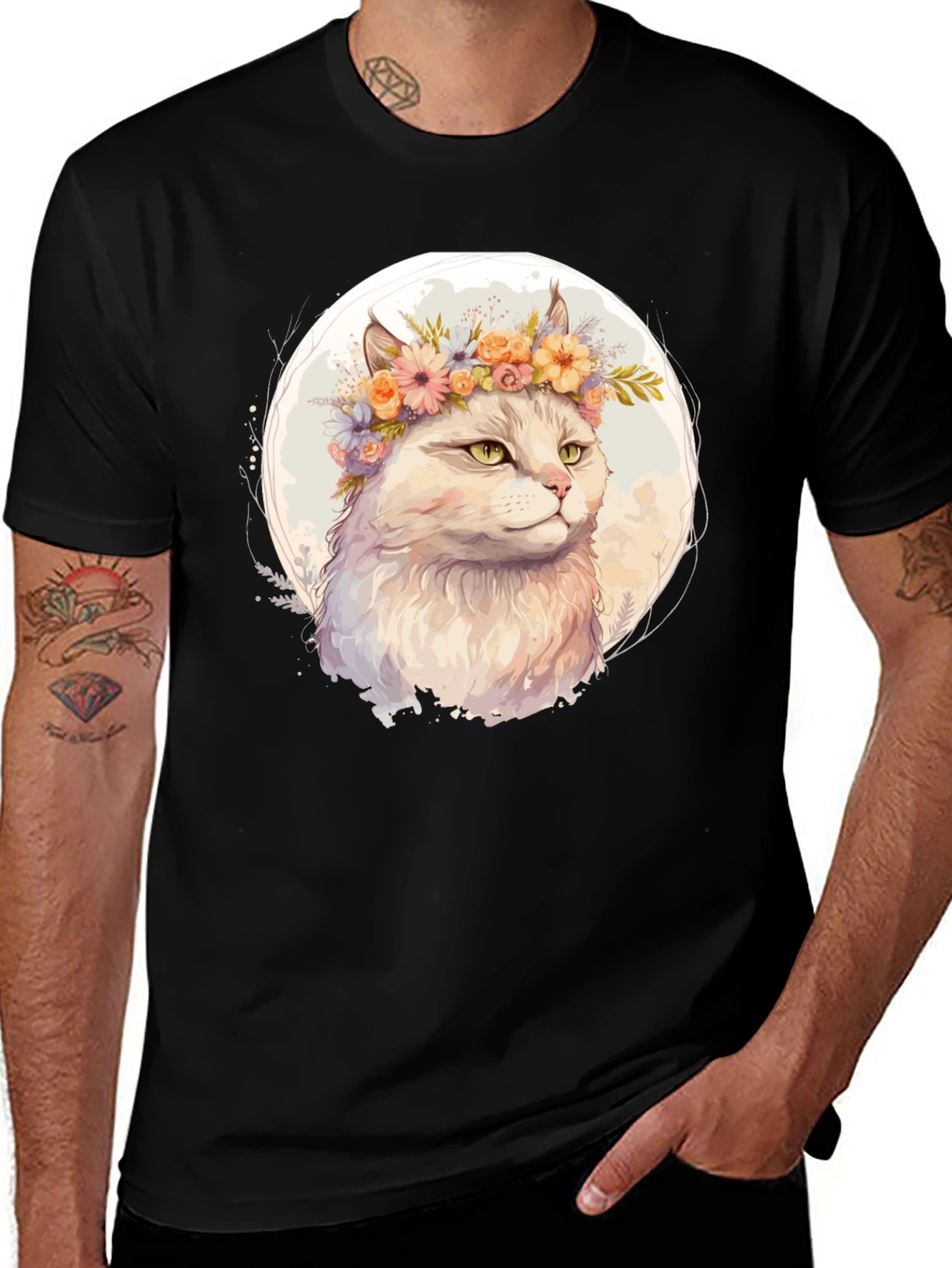 Cat with Flowers Graphic Tee - Black