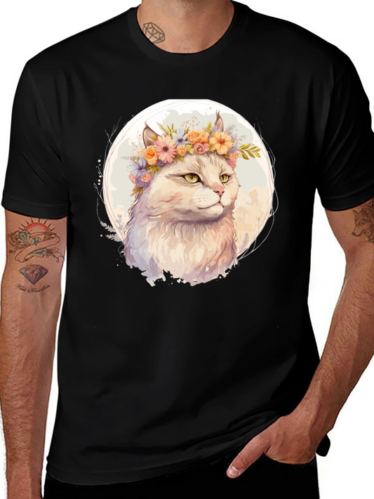 Cat with Flowers Graphic Tee - Black