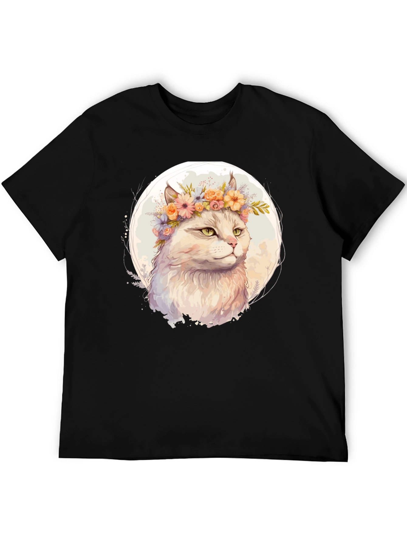 Cat with Flowers Graphic Tee - Black