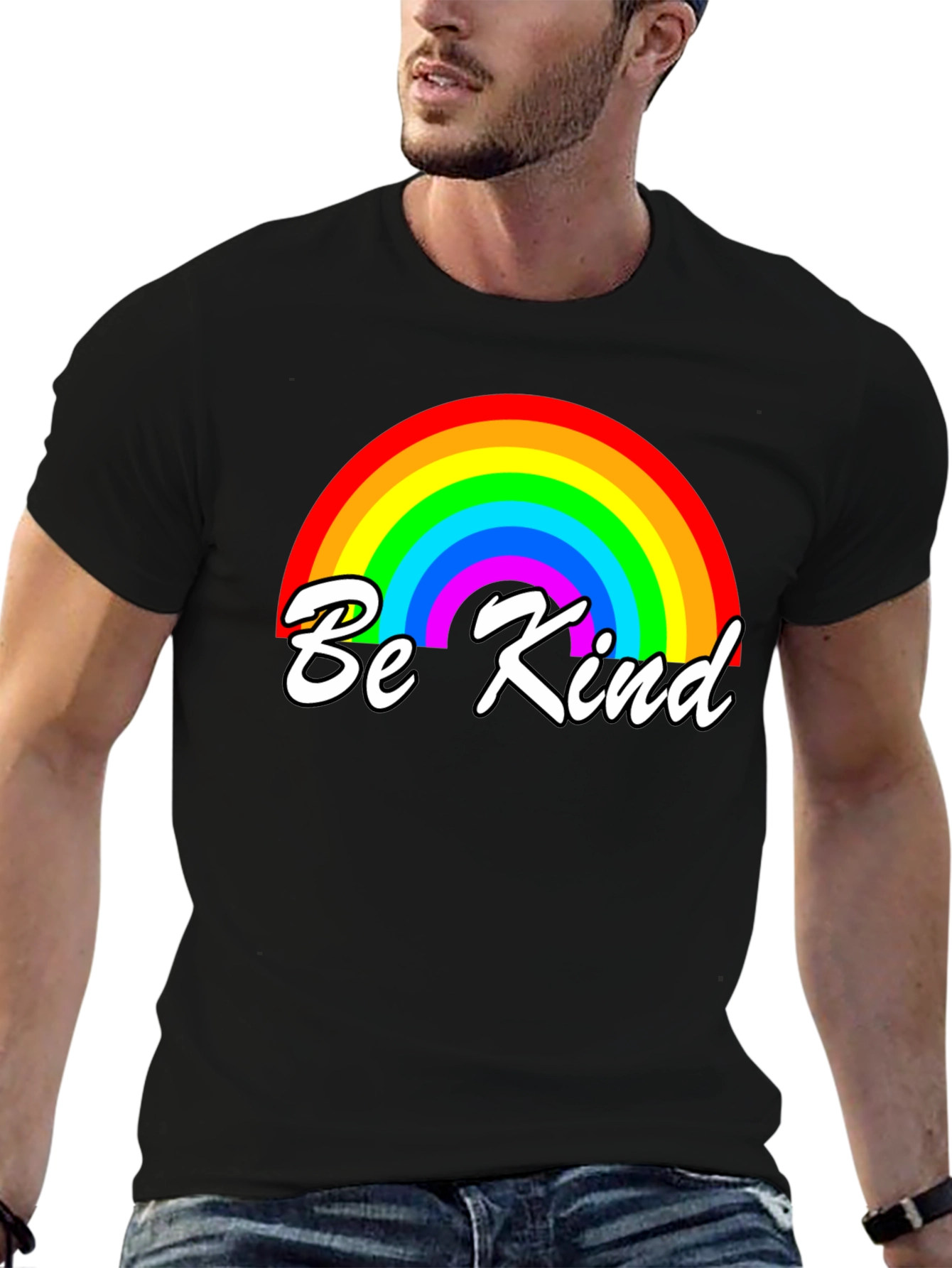 Be Kind Rainbow Graphic Tee - Black Cotton T-Shirt