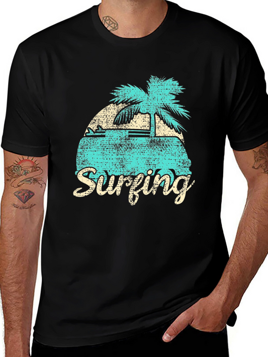 Retro Surfing Graphic Tee - Black Cotton T-Shirt