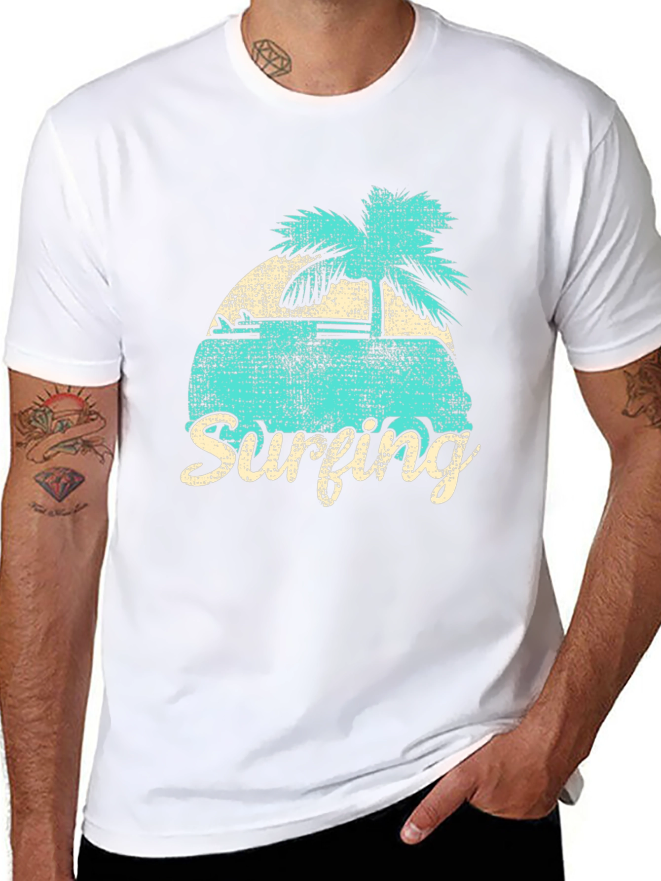 Retro Surfing Graphic Tee - Black Cotton T-Shirt