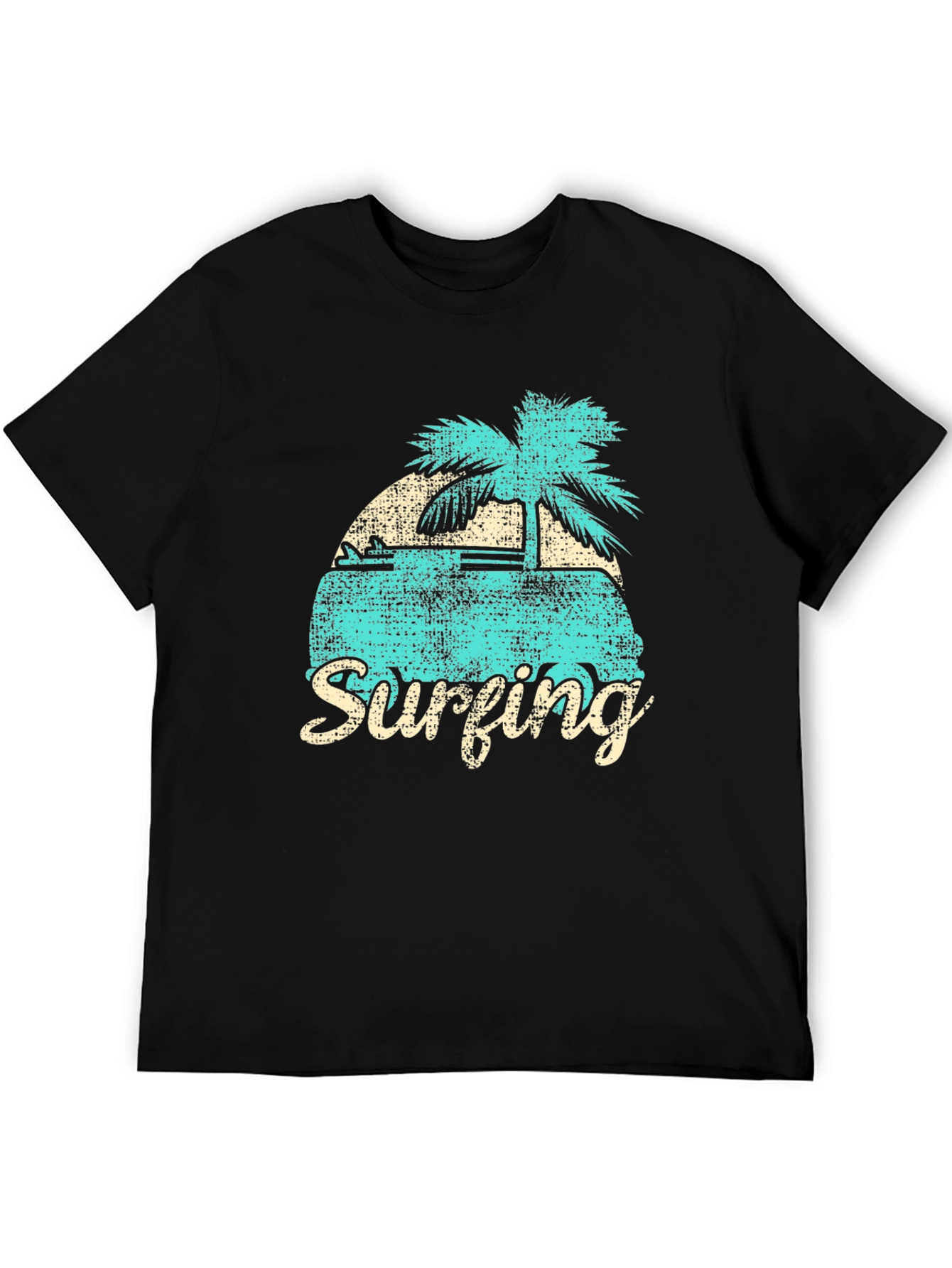Retro Surfing Graphic Tee - Black Cotton T-Shirt