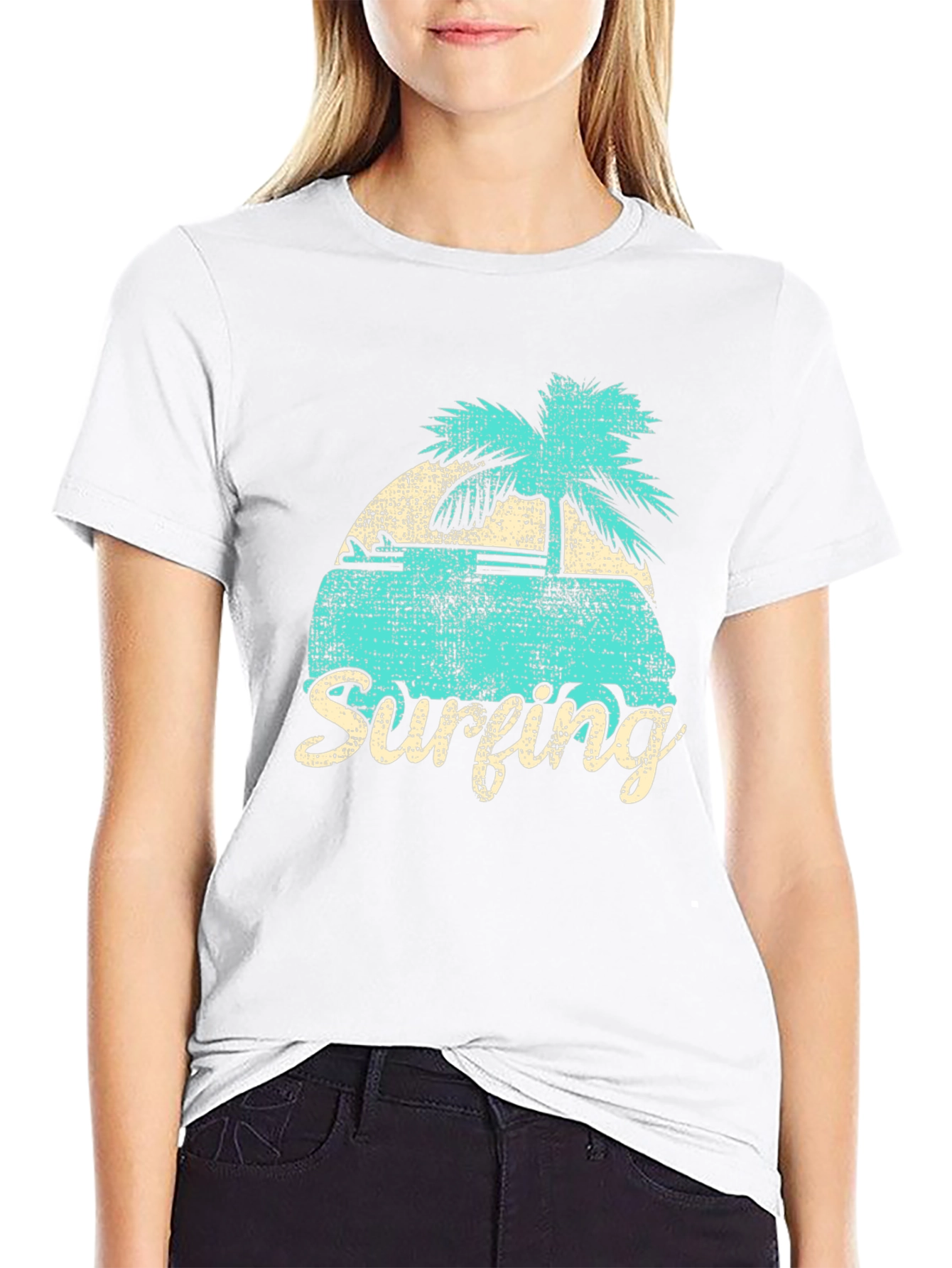 Retro Surfing Graphic Tee - Black Cotton T-Shirt