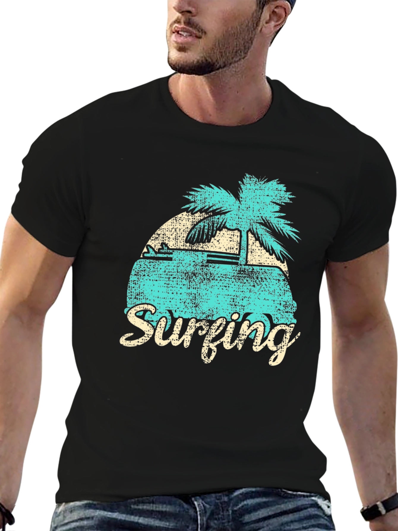 Retro Surfing Graphic Tee - Black Cotton T-Shirt