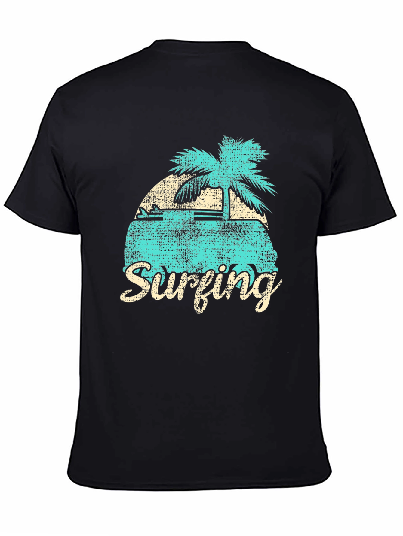 Retro Surfing Graphic Tee - Black Cotton T-Shirt