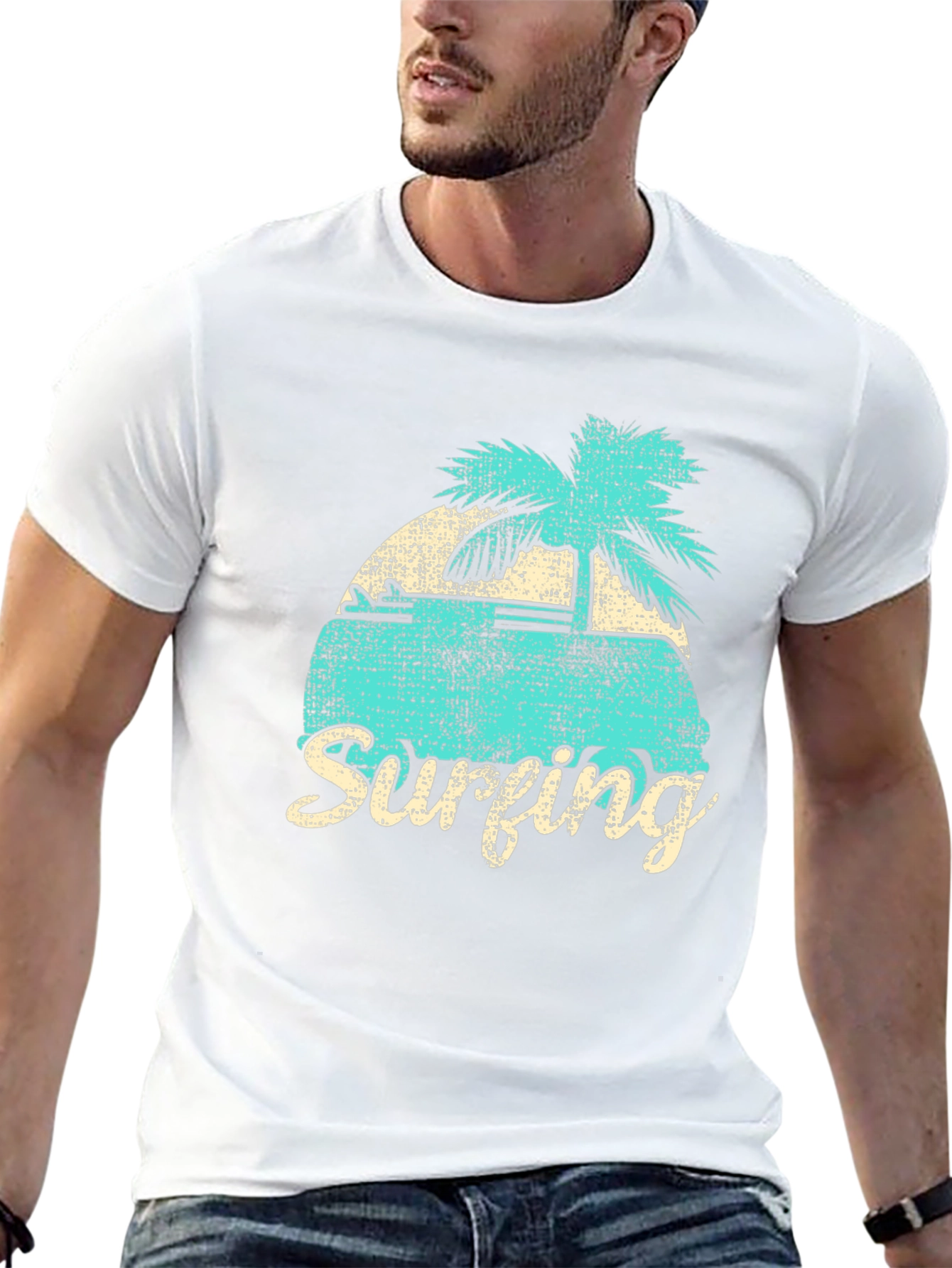 Retro Surfing Graphic Tee - Black Cotton T-Shirt