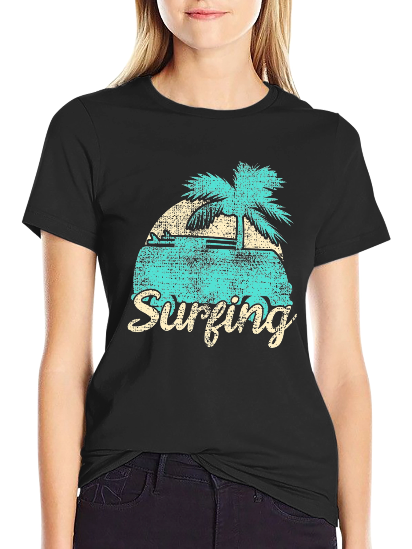 Retro Surfing Graphic Tee - Black Cotton T-Shirt