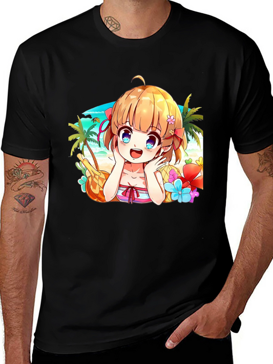 Anime Girl Beach Scene Black T-Shirt
