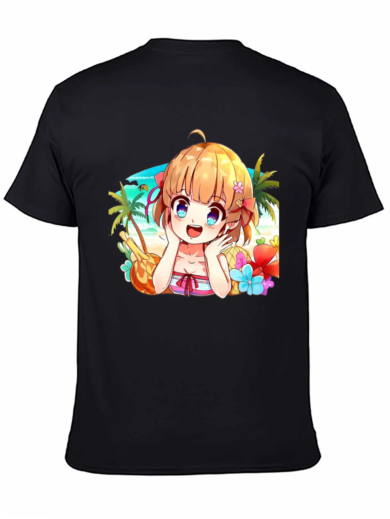 Anime Girl Beach Scene Black T-Shirt