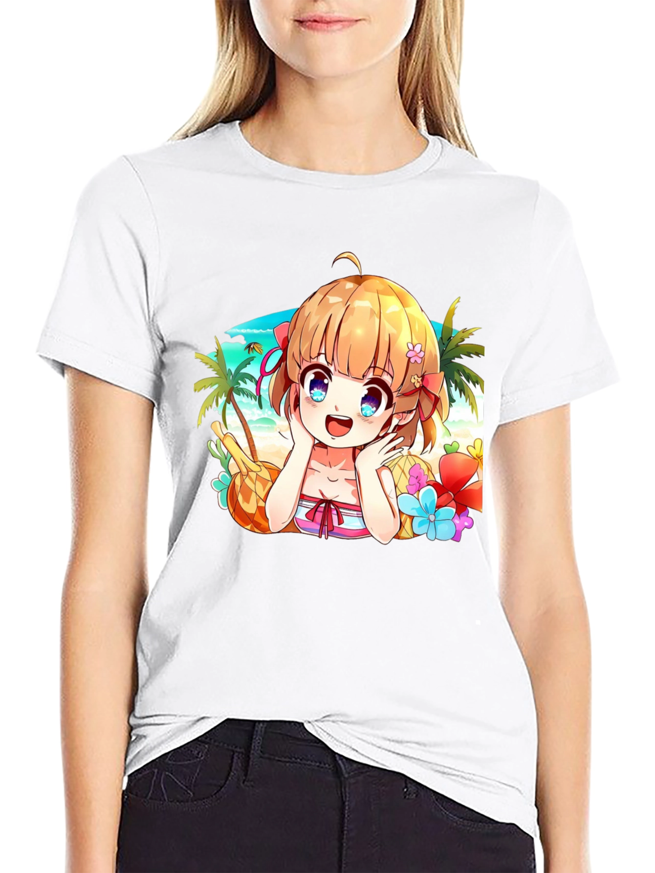 Anime Girl Beach Scene Black T-Shirt
