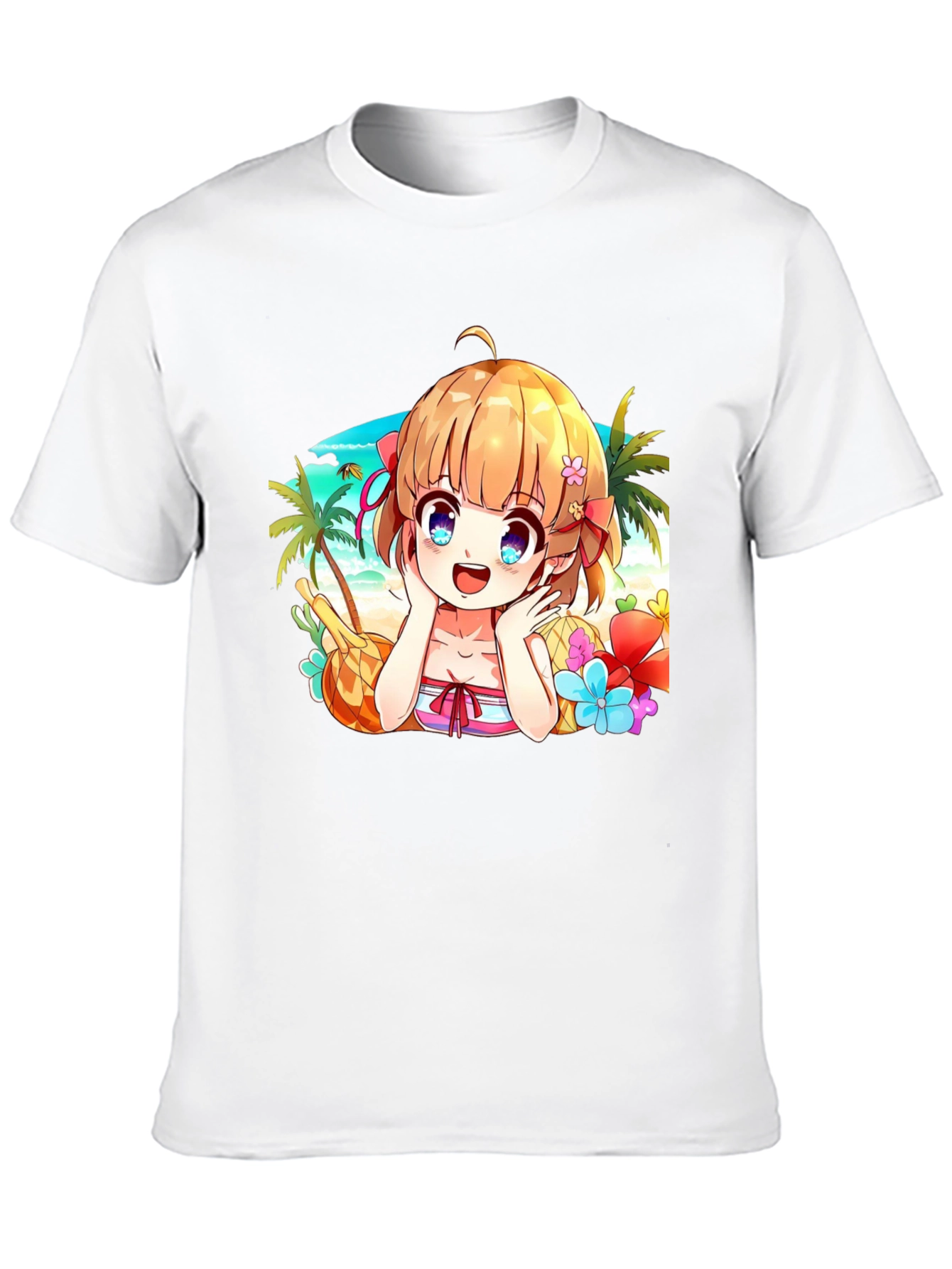 Anime Girl Beach Scene Black T-Shirt