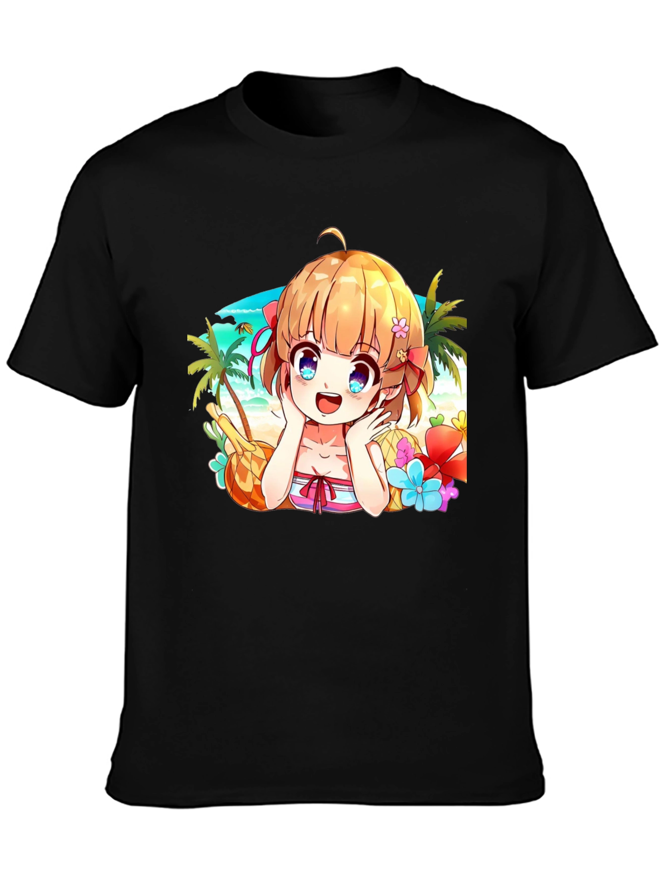 Anime Girl Beach Scene Black T-Shirt