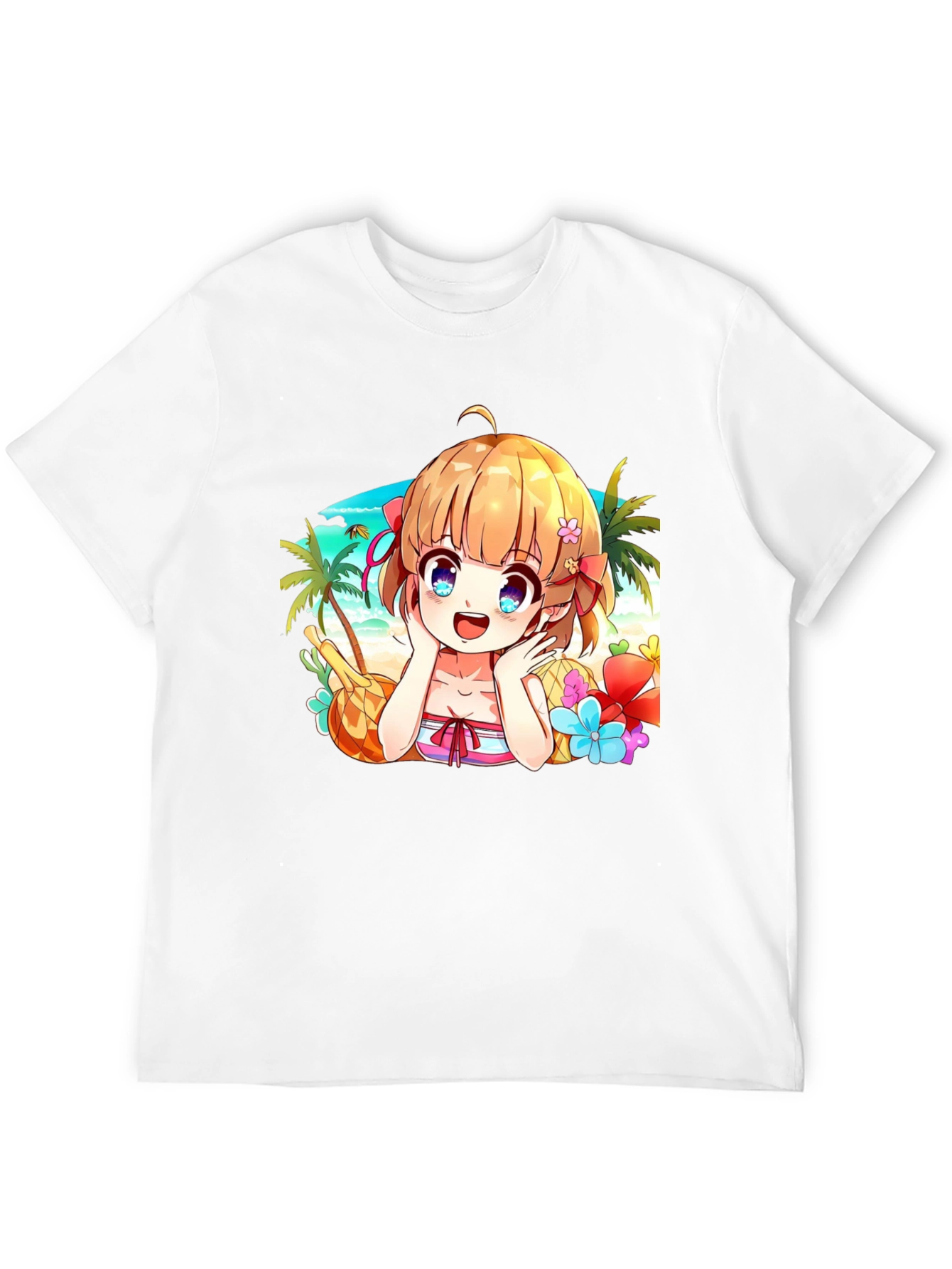 Anime Girl Beach Scene Black T-Shirt