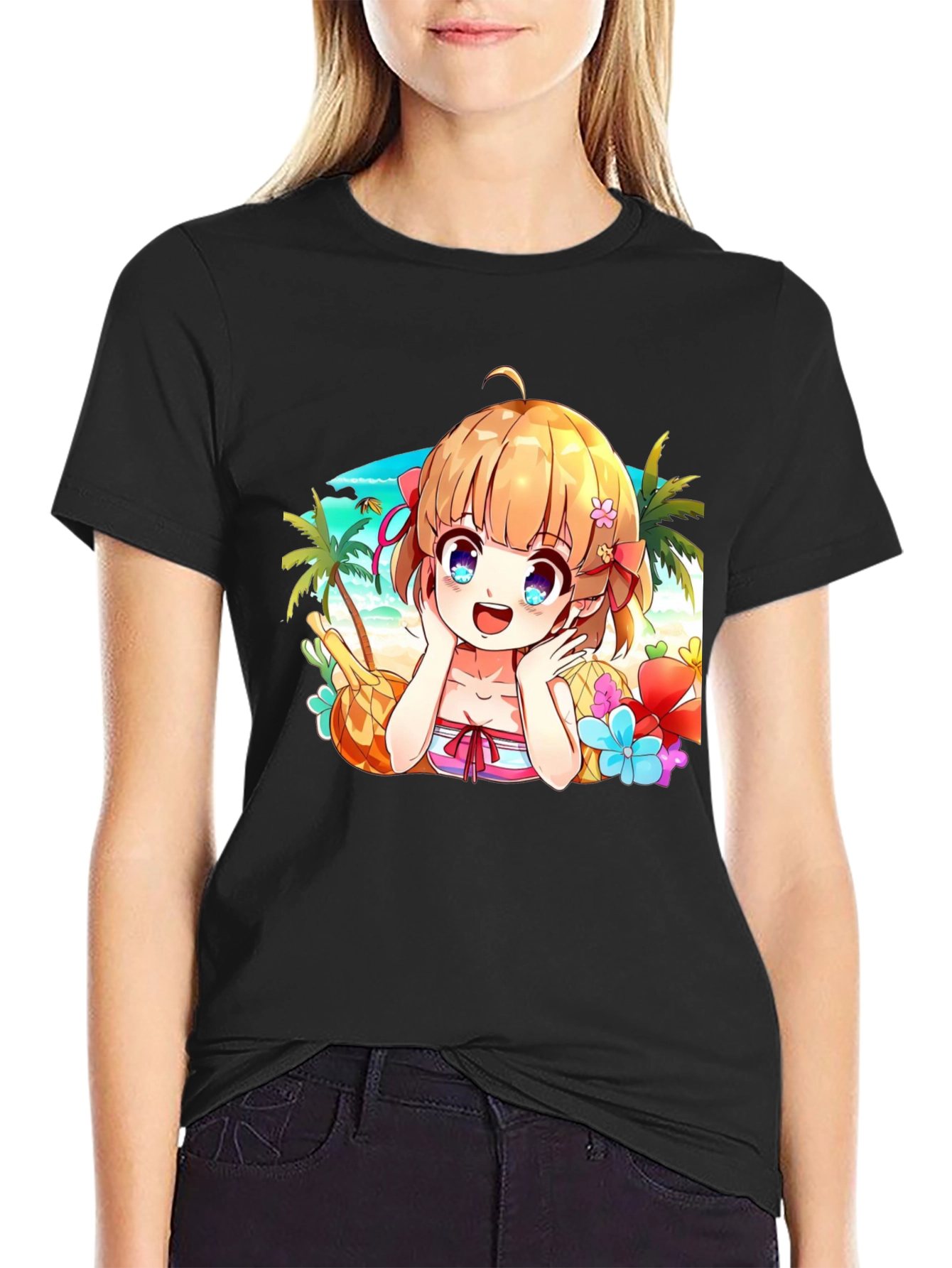 Anime Girl Beach Scene Black T-Shirt