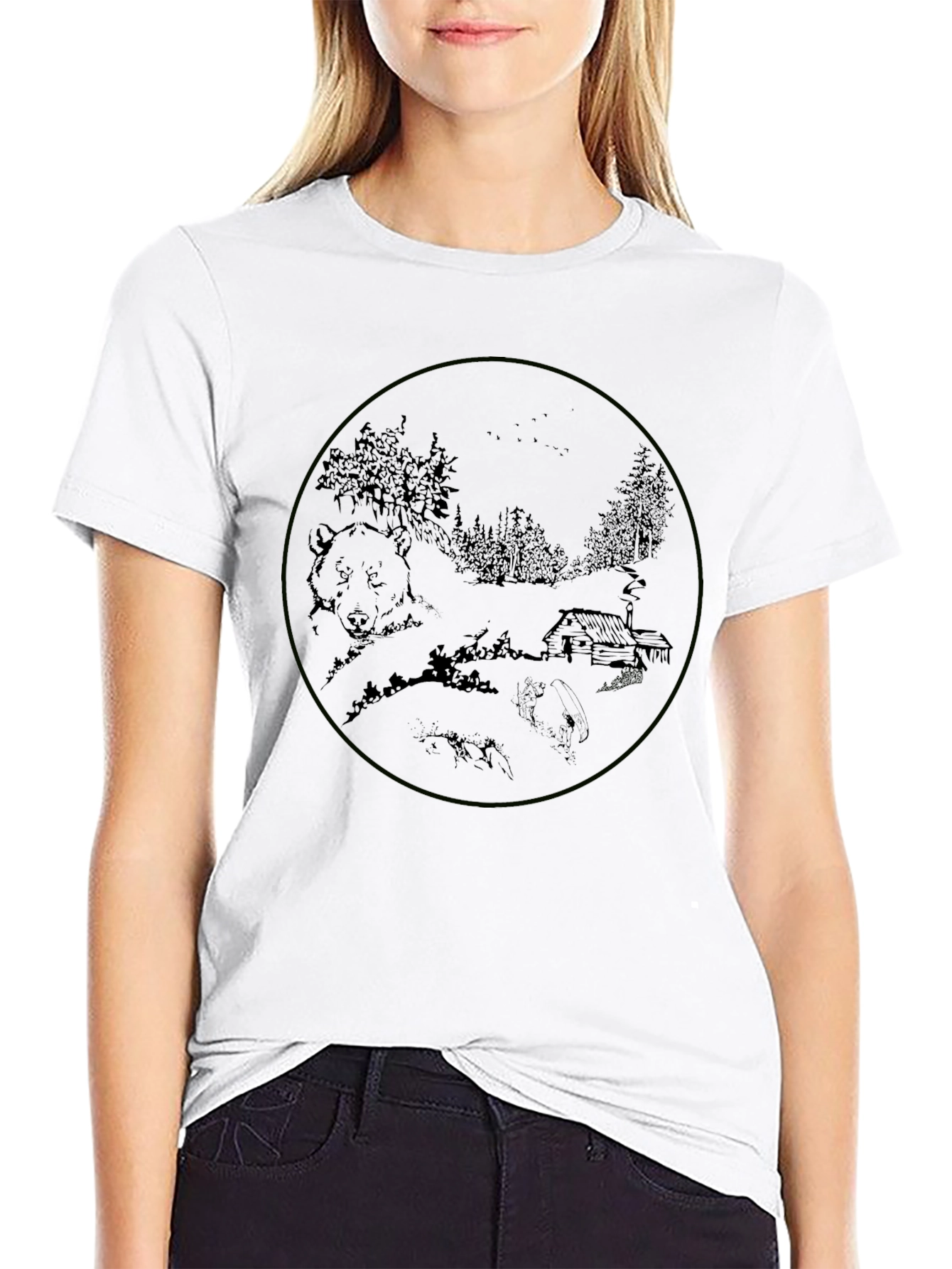 Black T-Shirt with Bear & Cabin Graphic