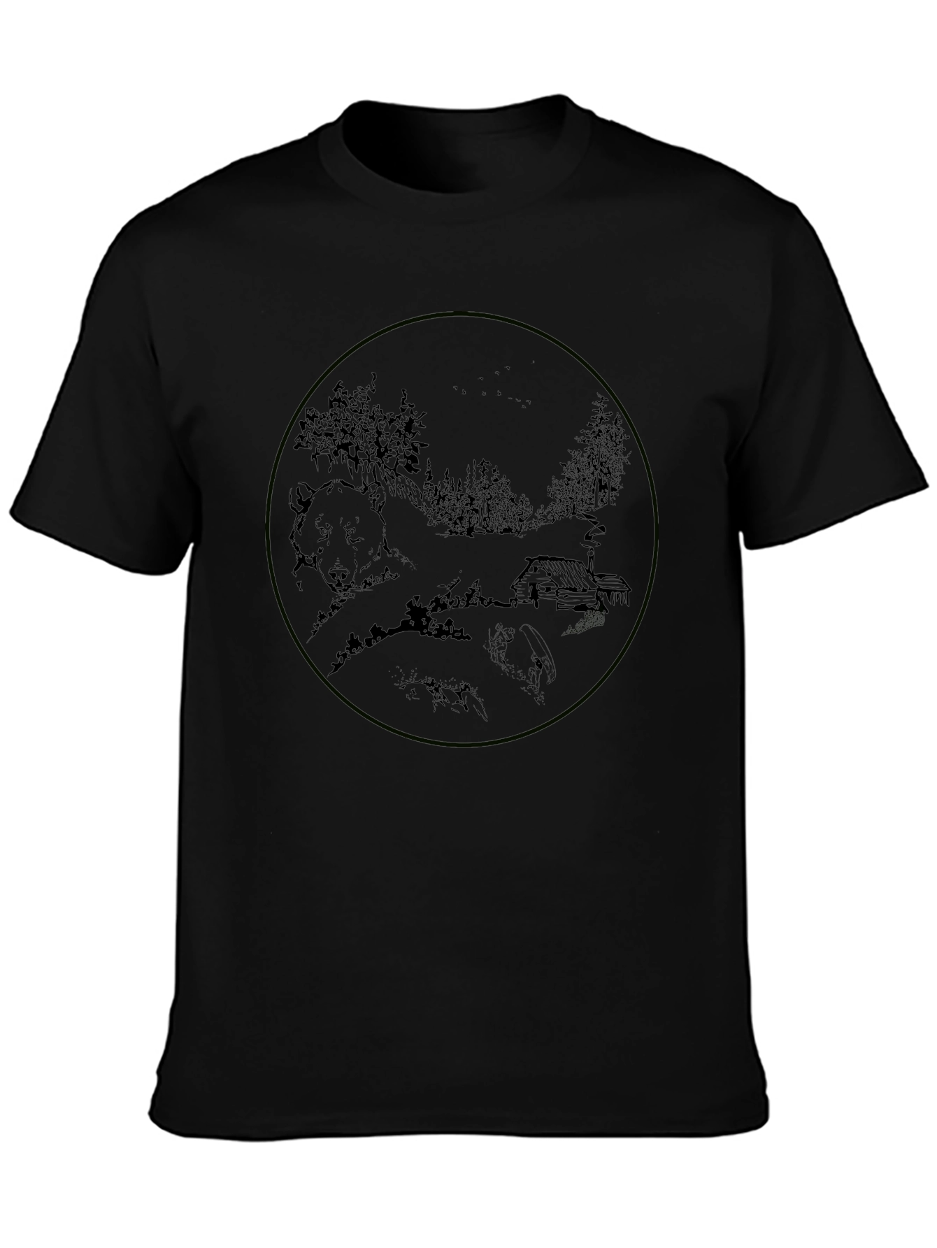 Black T-Shirt with Bear & Cabin Graphic