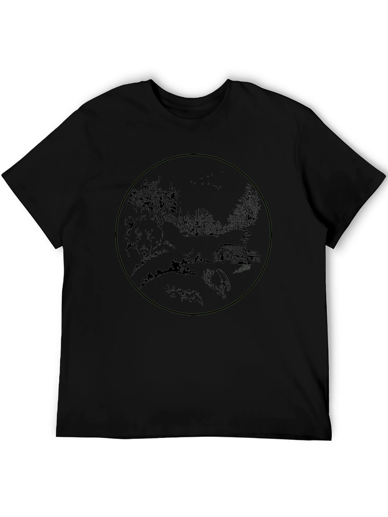 Black T-Shirt with Bear & Cabin Graphic