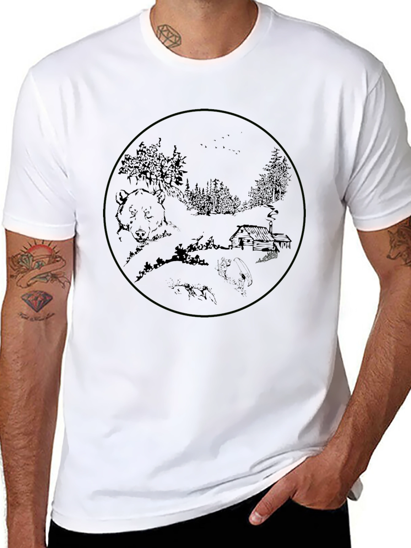Black T-Shirt with Bear & Cabin Graphic